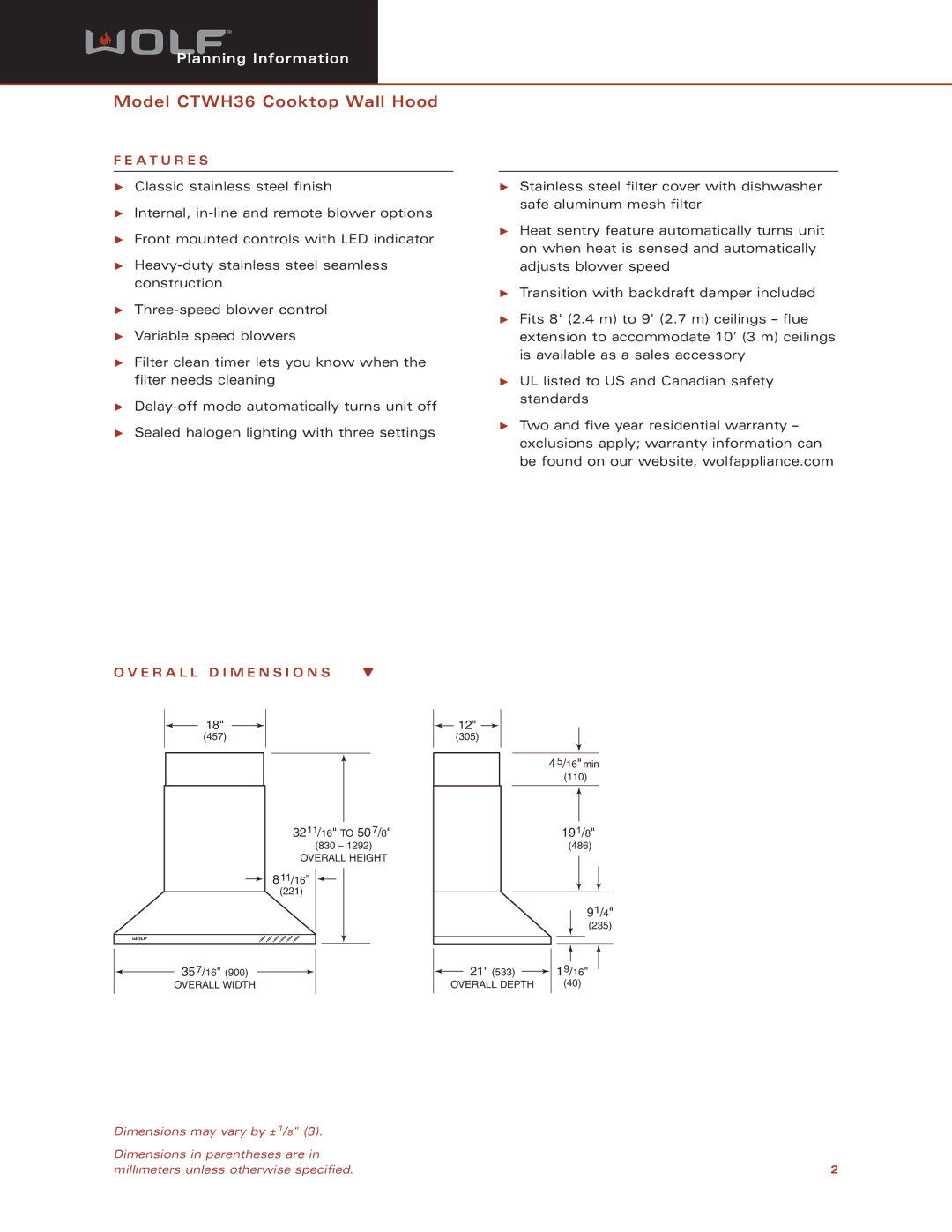 Wolf CTWH36 dimensions A T U R E S, E R a L L D I M E N S I O N S 