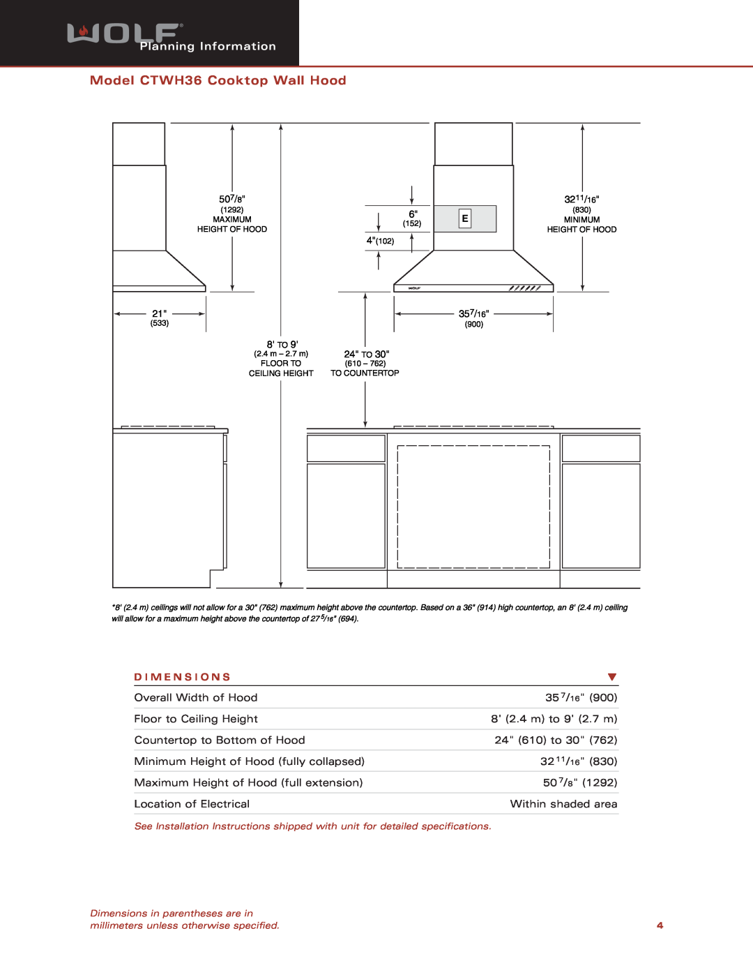 Wolf dimensions Model CTWH36 Cooktop Wall Hood, Planning Information, D I M E N S I O N S 
