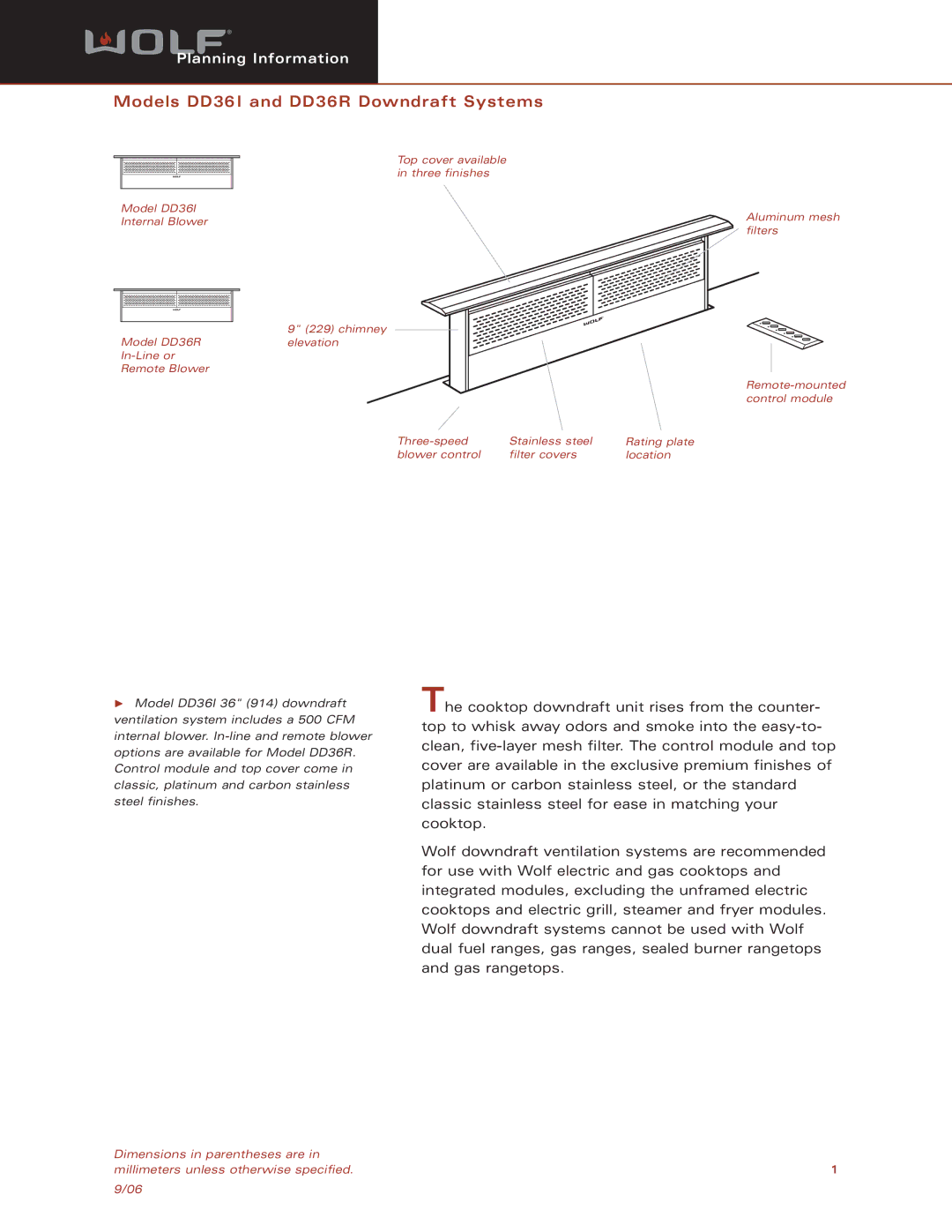 Wolf dimensions Models DD36I and DD36R Downdraft Systems 