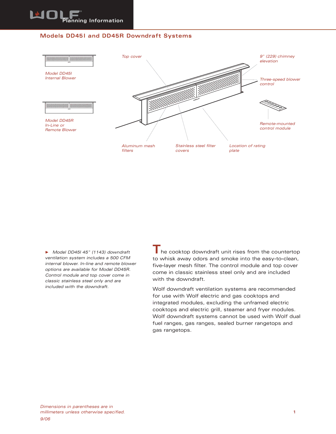 Wolf dimensions Models DD45I and DD45R Downdraft Systems 