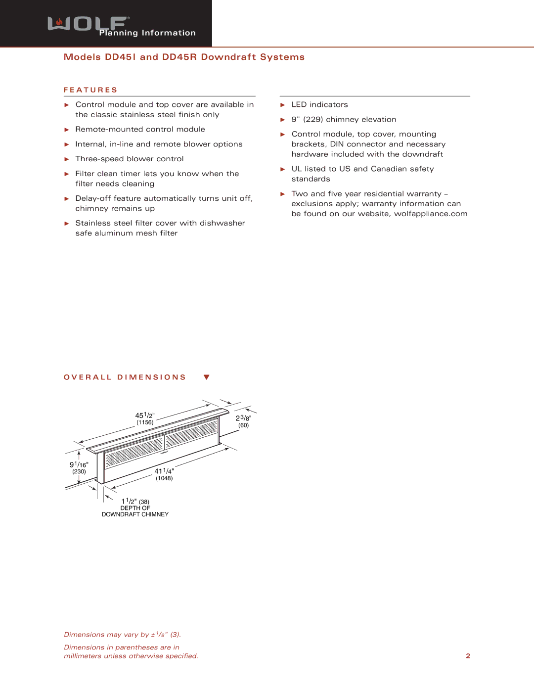 Wolf DD45R, DD45I dimensions A T U R E S, E R a L L D I M E N S I O N S 