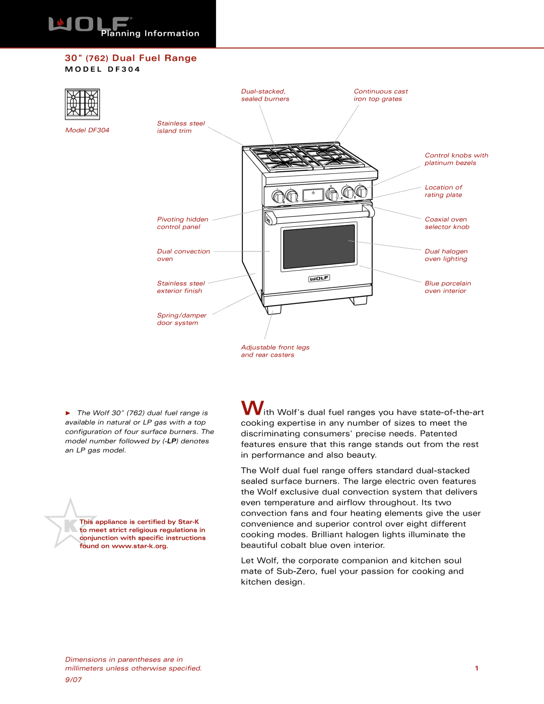 Wolf DF304 dimensions 30 762 Dual Fuel Range 