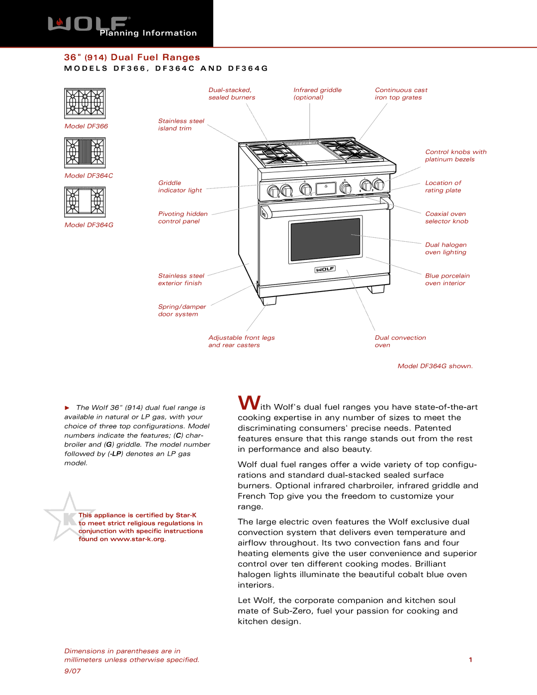 Wolf DF364C, DF366, DF364G dimensions 36 914 Dual Fuel Ranges 