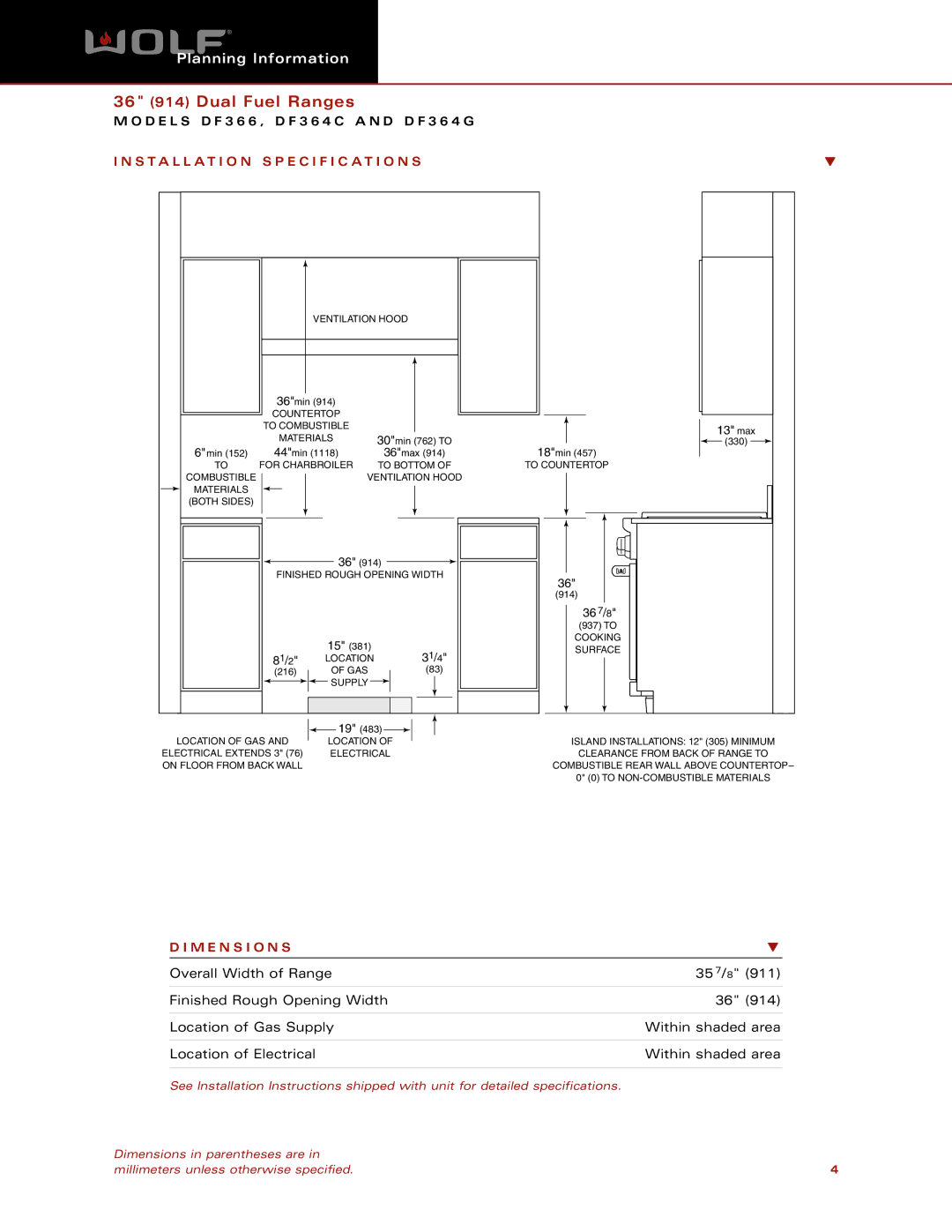 Wolf DF364C, DF366, DF364G dimensions Installation Specification S, M E N S I O N S 