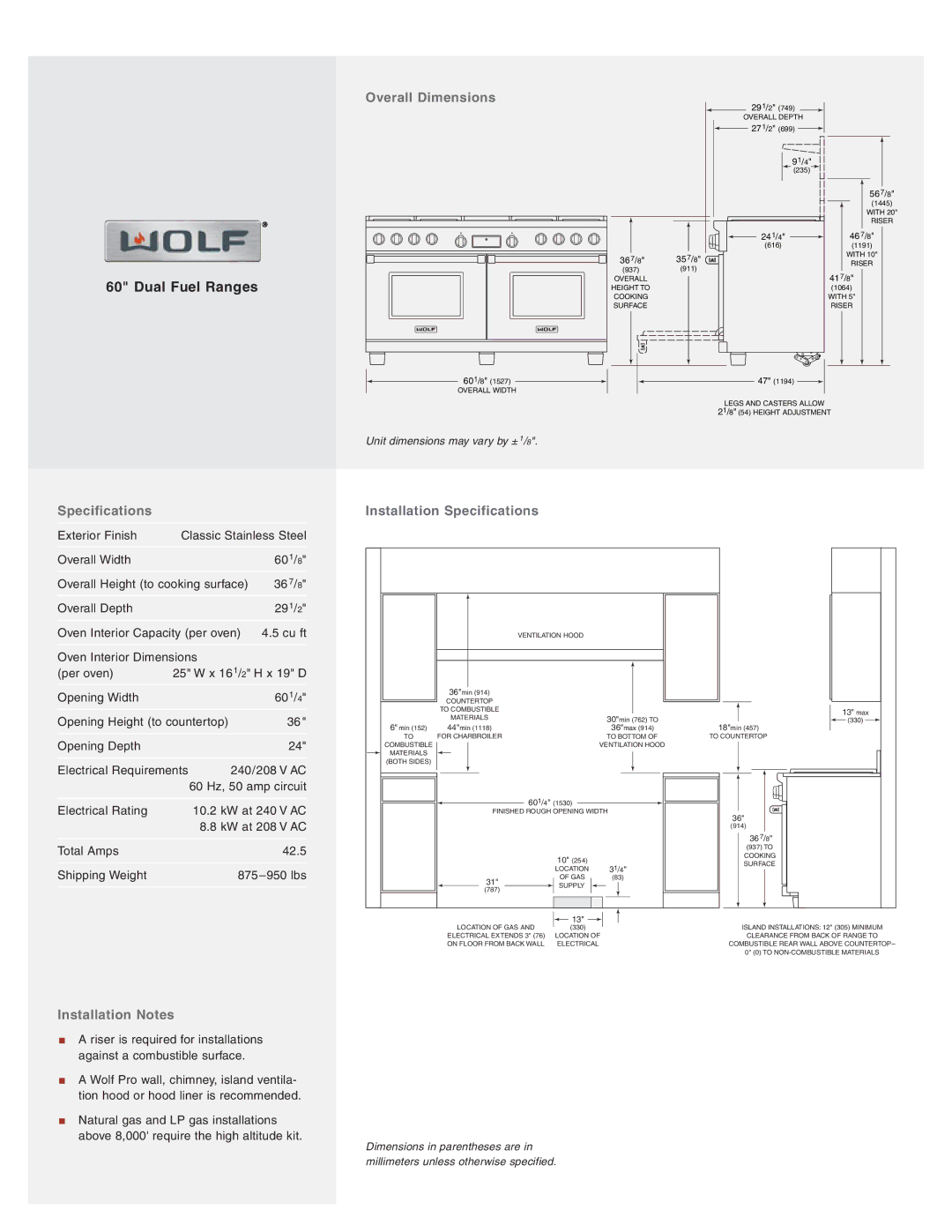 Wolf DF606DG, DF604GF, DF606CG, DF606F, DF604CF manual Overall Dimensions, Installation Notes, Installation Specifications 