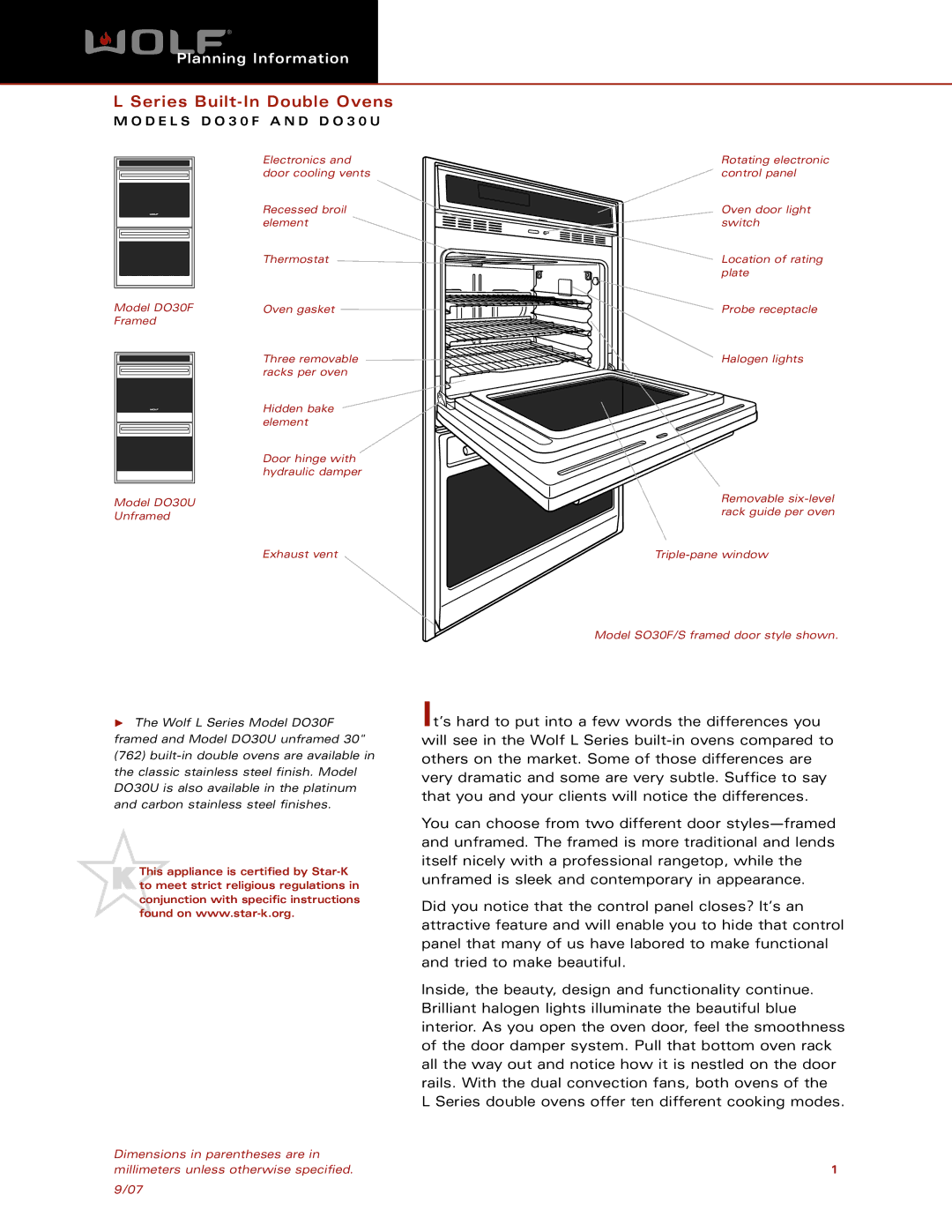 Wolf DO30U, DO30F dimensions Series Built-In Double Ovens, D E L S D O 3 0 F a N D D O 3 0 U 