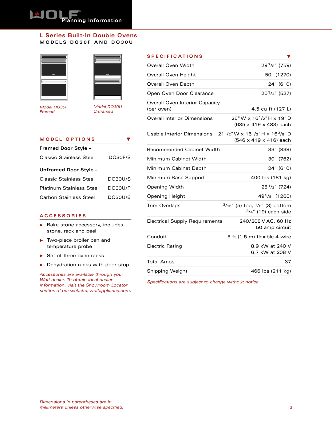 Wolf DO30U, DO30F dimensions D E L O P T I O N S, Framed Door Style, Unframed Door Style, C E S S O R I E S, Specification S 