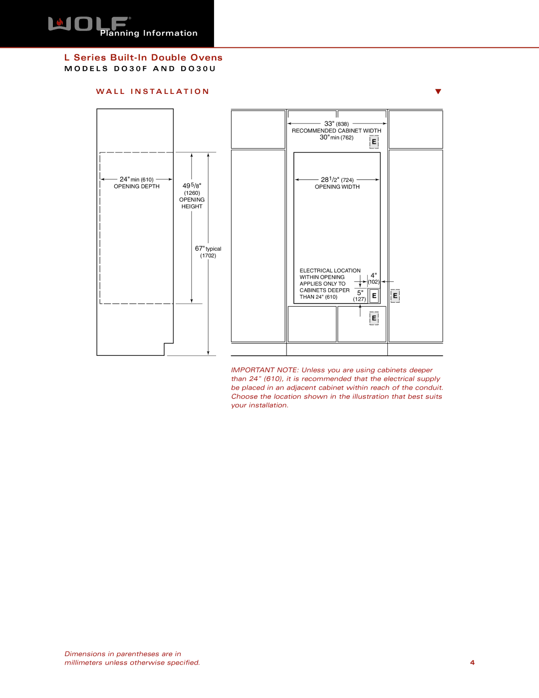 Wolf DO30F, DO30U dimensions L L Installation, 49 5 