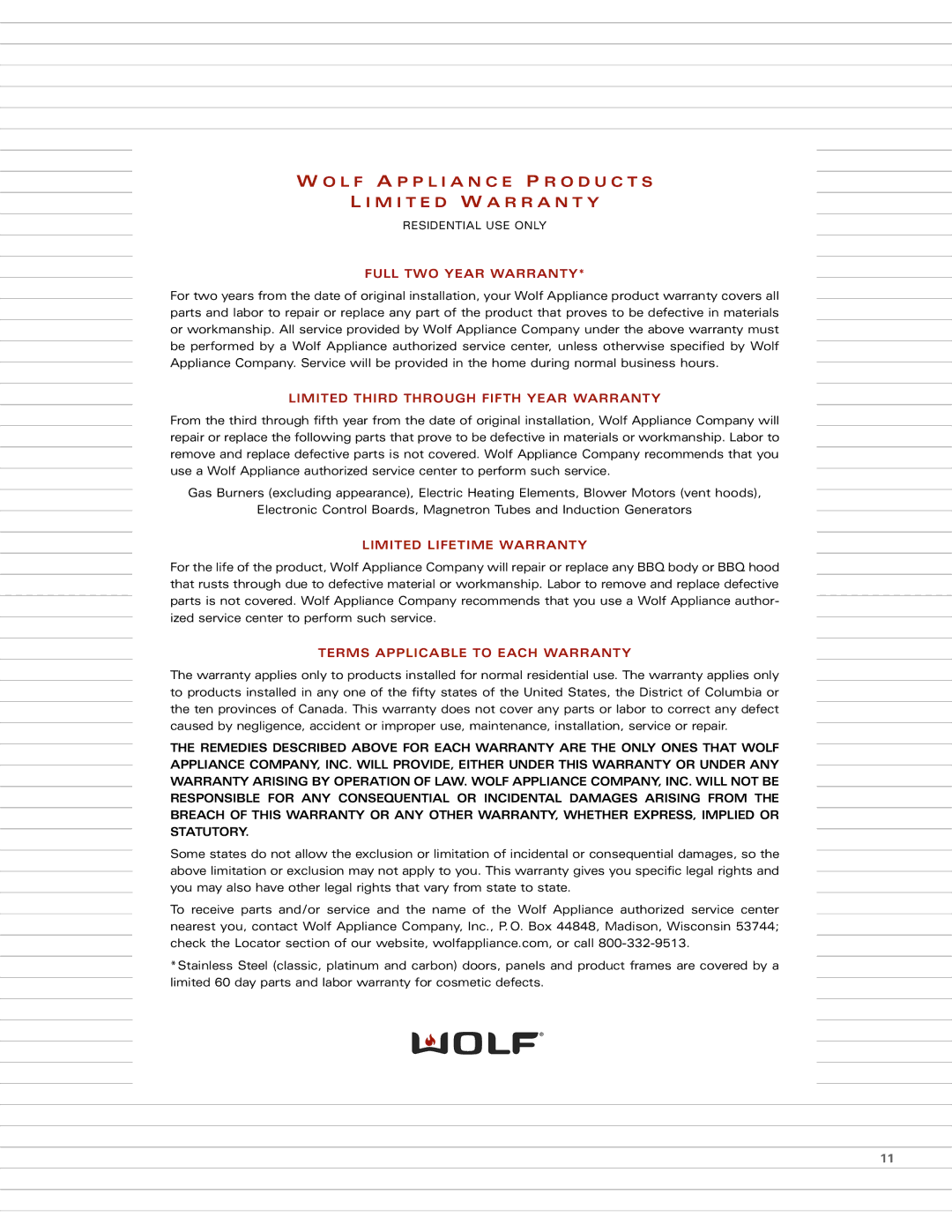 Wolf Downdraft Ventilation manual Full TWO Year Warranty 