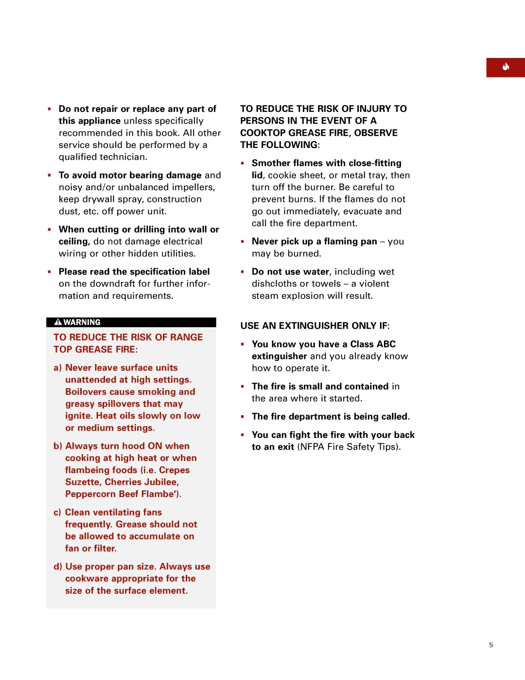 Wolf Downdraft Ventilation manual To Reduce the Risk of Range TOP Grease Fire 