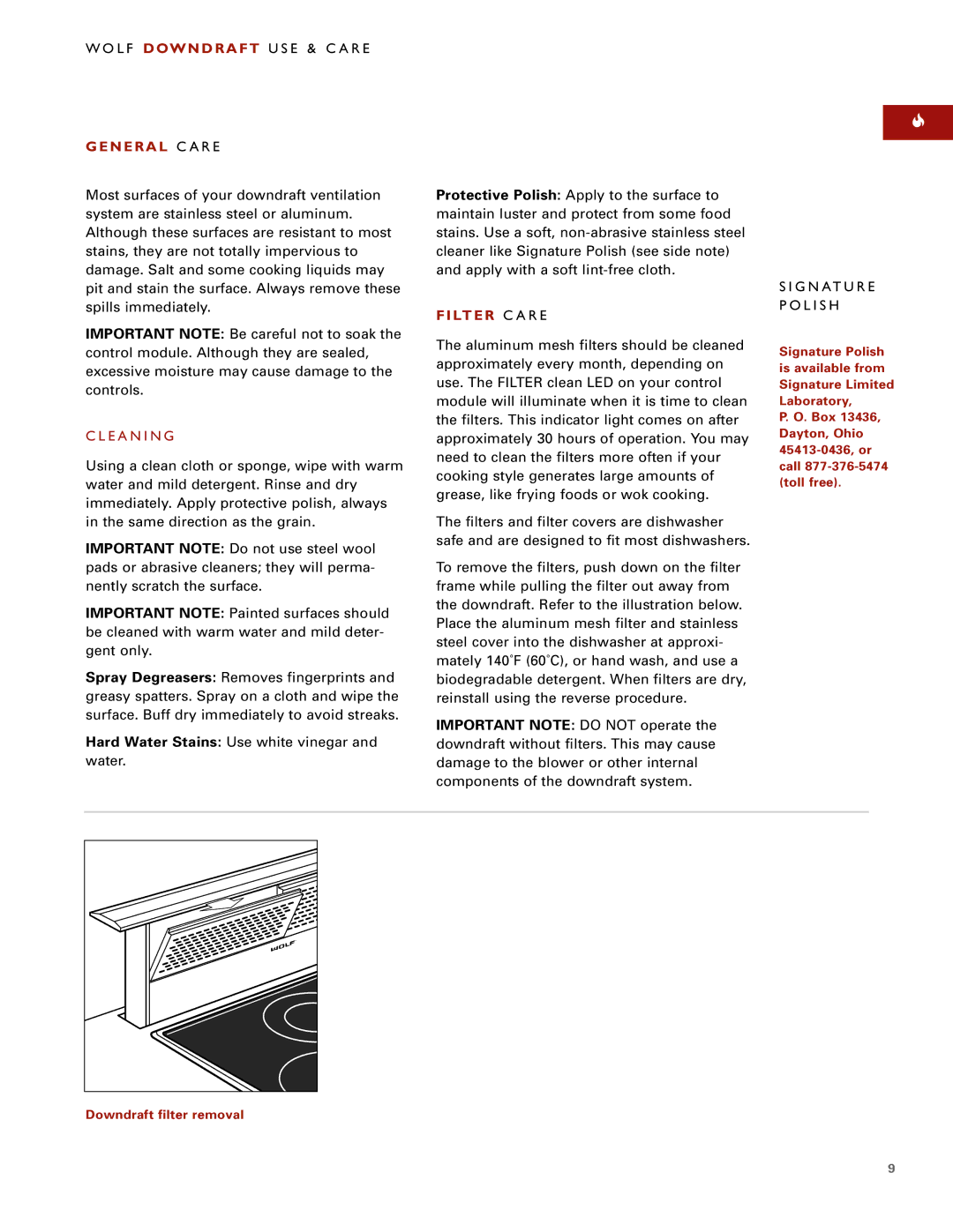 Wolf Downdraft Ventilation manual L F Downdraft U S E & C a R E, E a N I N G, G N At U R E P O L I S H 