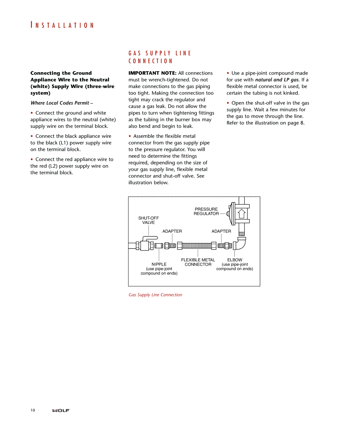 Wolf DUAL FUEL RANGES installation instructions S S U P P L Y L I N E N N E C T I O N, Where Local Codes Permit 