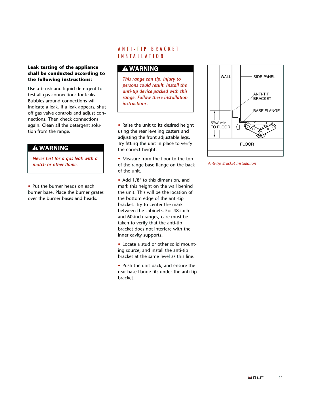 Wolf DUAL FUEL RANGES installation instructions T I T I P B R a C K E T Installation 