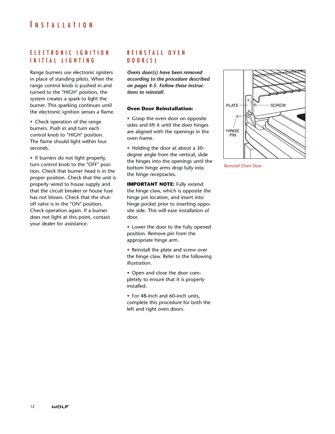 Wolf DUAL FUEL RANGES installation instructions Install O V E N, Oven Door Reinstallation 