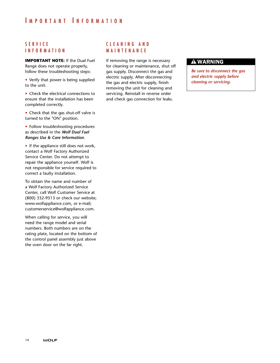 Wolf DUAL FUEL RANGES installation instructions R V I C E F O R M a T I O N, E a N I N G a N D I N T E N a N C E 