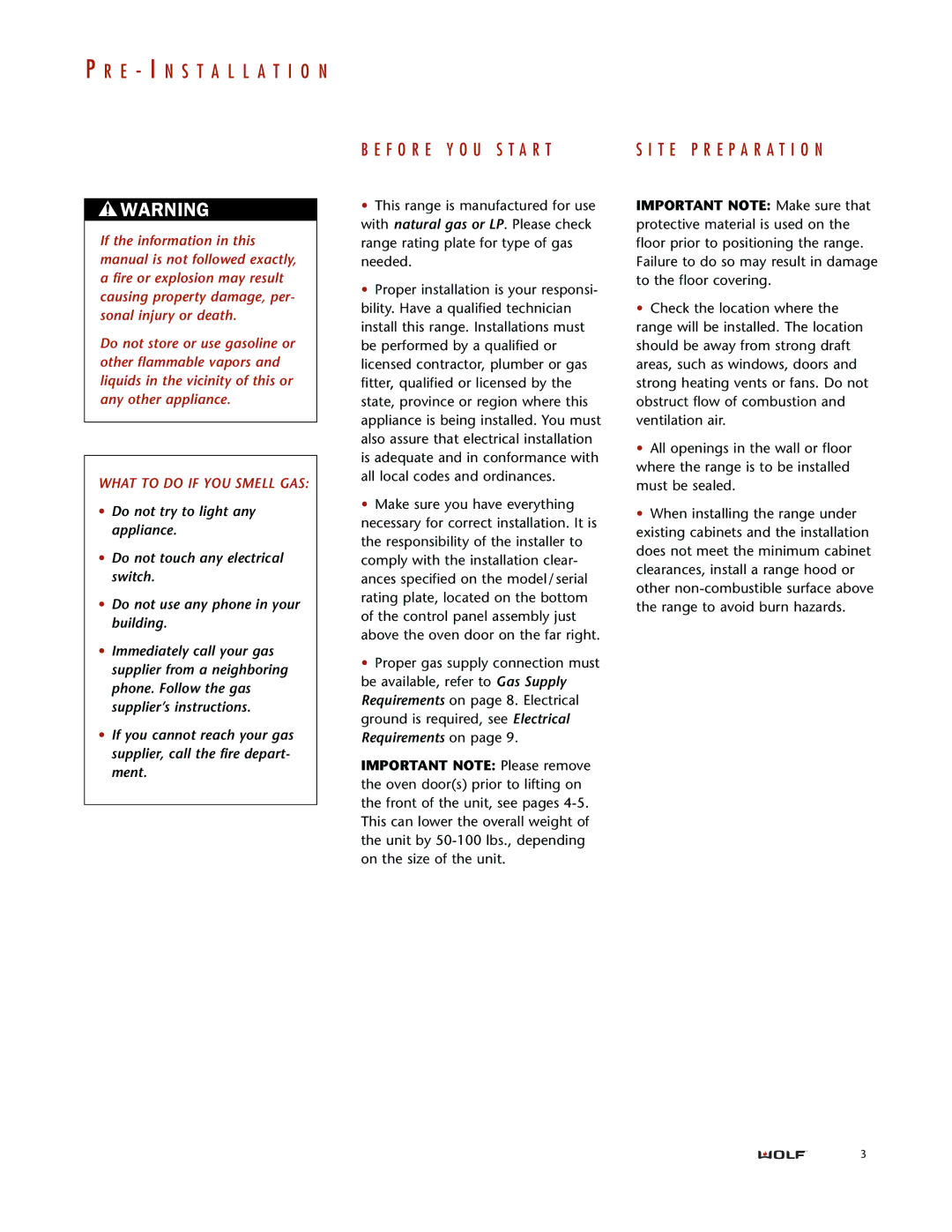 Wolf DUAL FUEL RANGES installation instructions E Installation, F O R E Y O U S T a R T T E P R E P a R a T I O N 