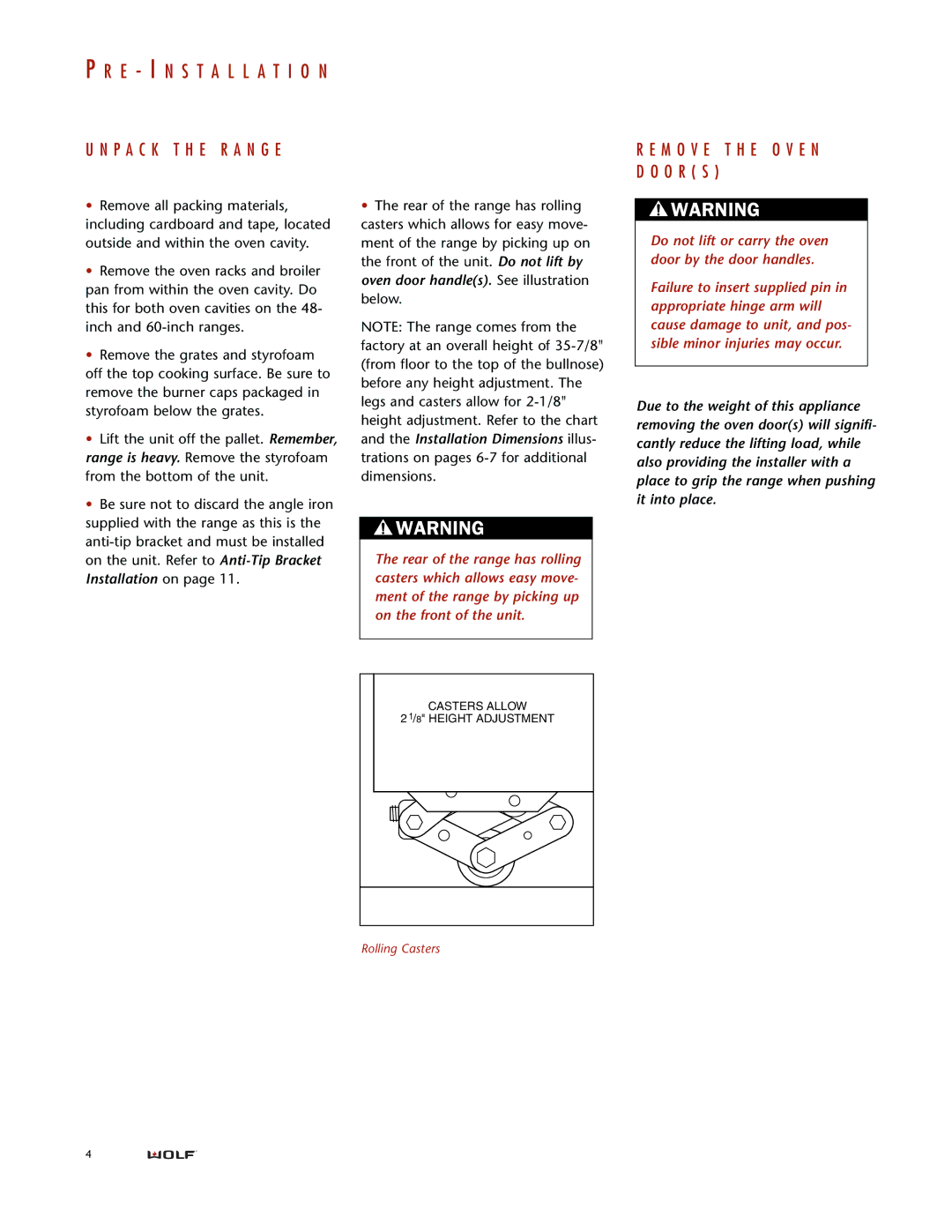 Wolf DUAL FUEL RANGES installation instructions P a C K T H E R a N G E, M O V E T H E O V E N D O O R S 