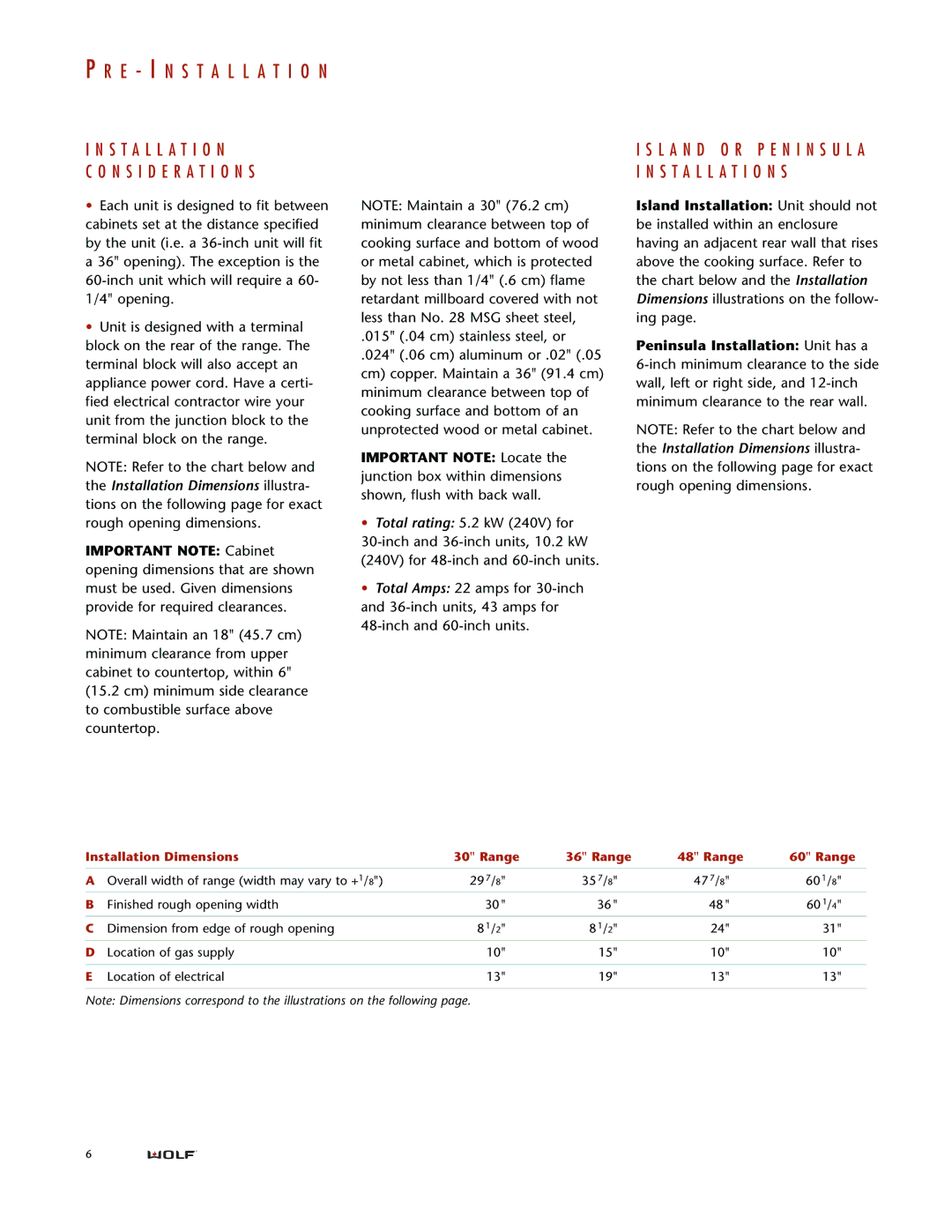 Wolf DUAL FUEL RANGES Installation N S I D E R a T I O N S, L a N D O R P E N I N S U L a Installation S 