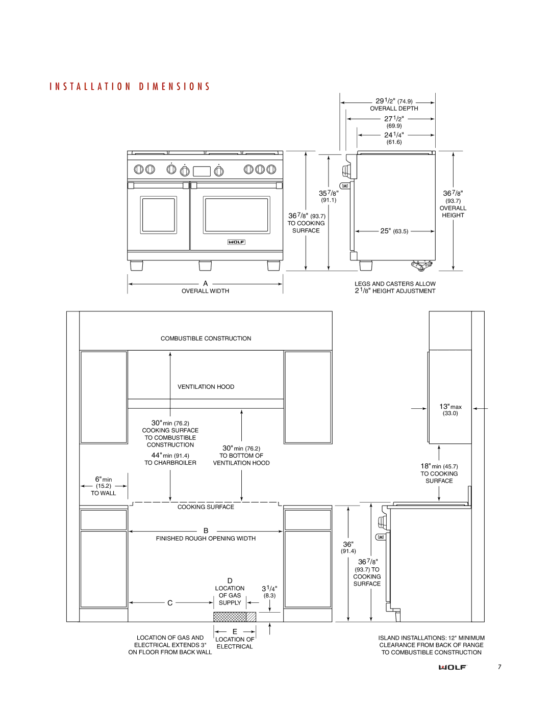 Wolf DUAL FUEL RANGES installation instructions Installation D I M E N S I O N S, 35 7/8 36 7/8 