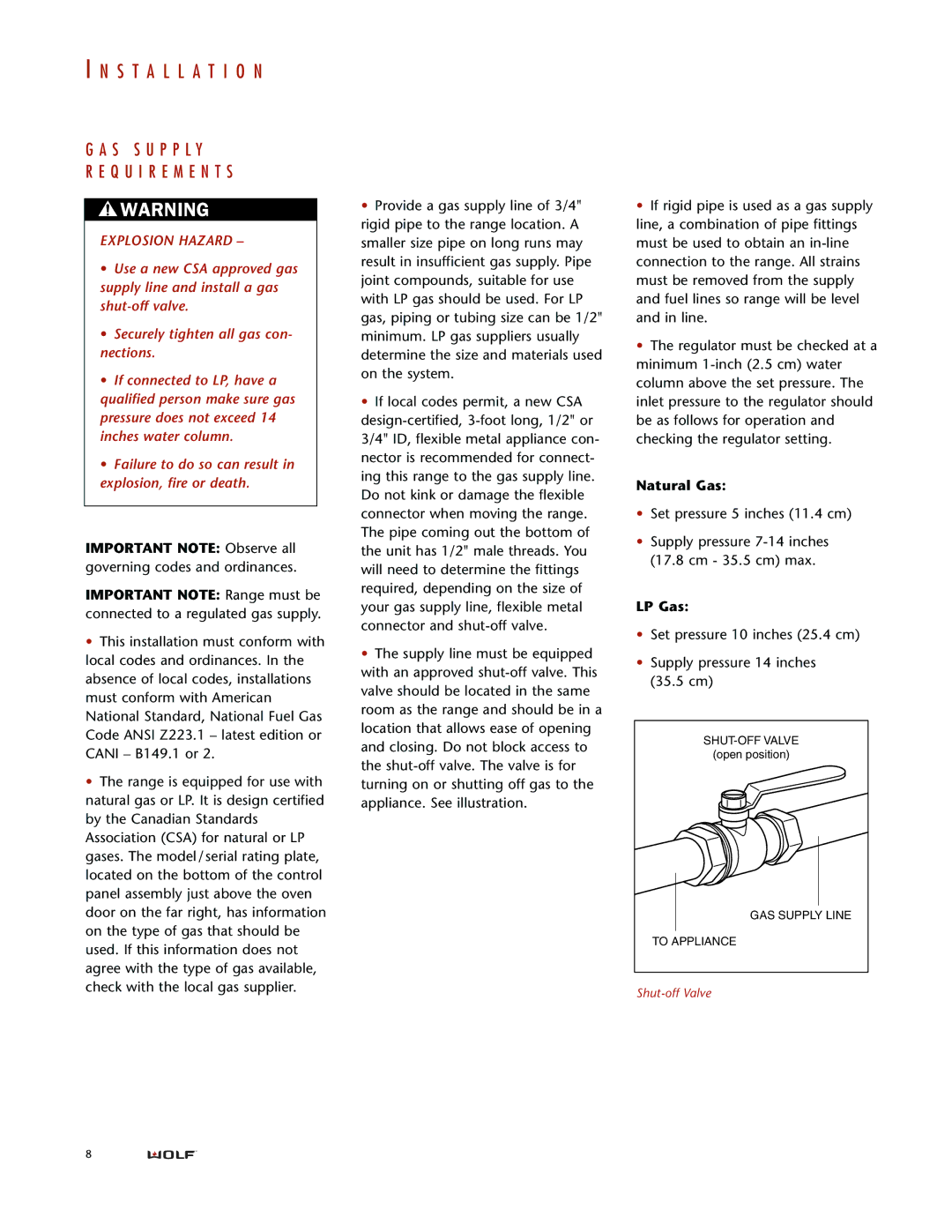 Wolf DUAL FUEL RANGES installation instructions S S U P P L Y Q U I R E M E N T S, Natural Gas, LP Gas 