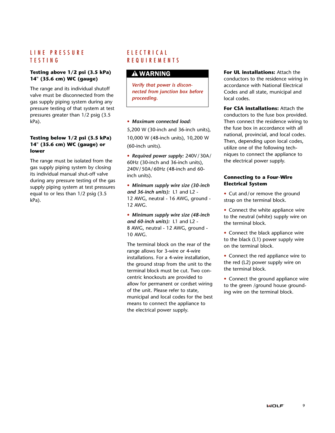 Wolf DUAL FUEL RANGES installation instructions N E P R E S S U R E S T I N G, E C T R I C a L Q U I R E M E N T S 
