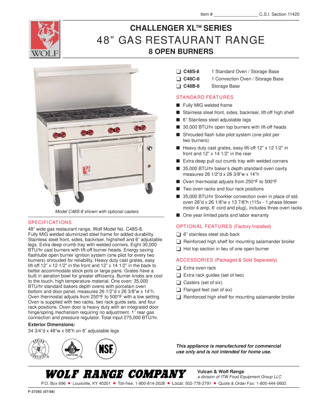 Wolf F-37363 specifications GAS Restaurant Range, Open Burners, Specifications, Standard Features 