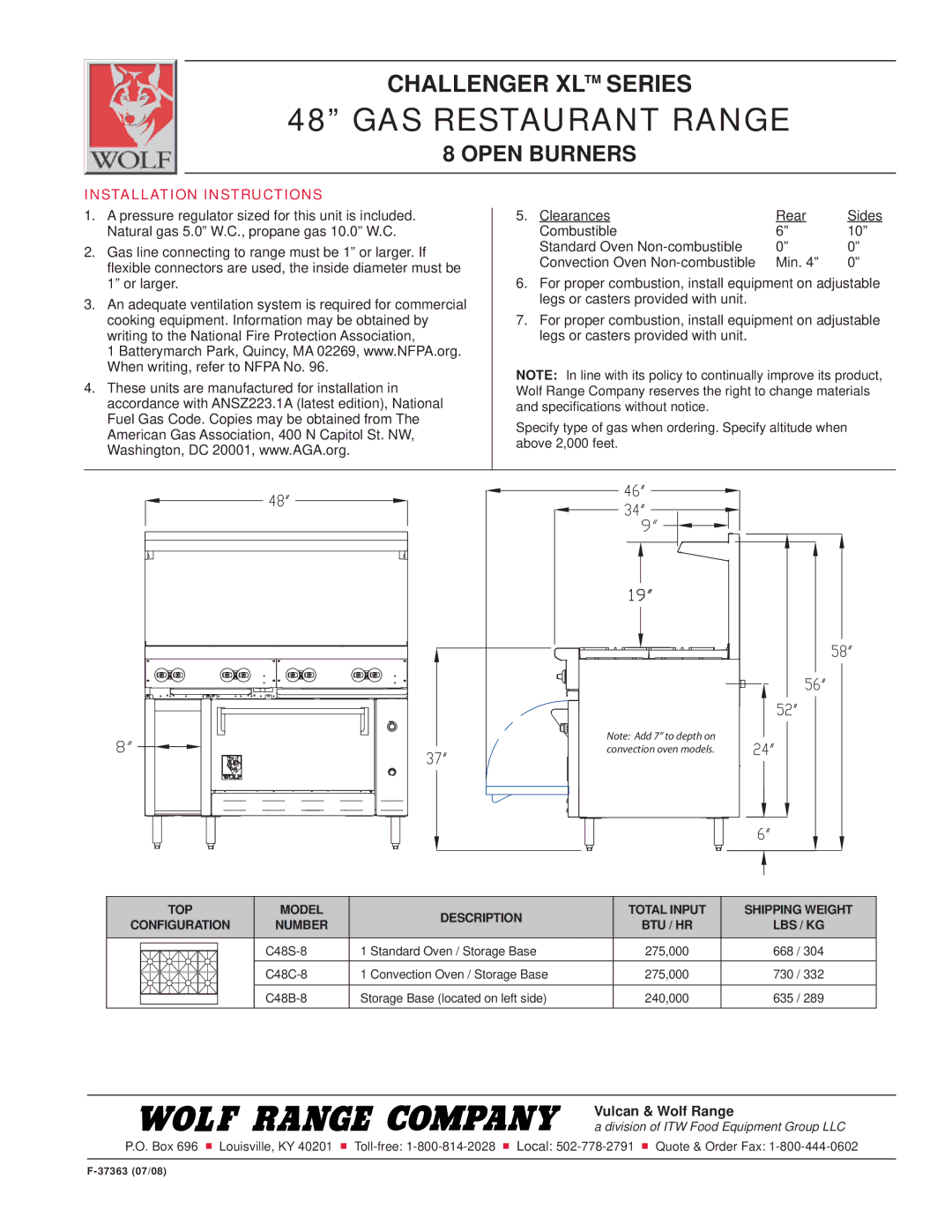 Wolf F-37363 specifications Installation Instructions, Description, Shipping Weight, Number BTU / HR LBS / KG 