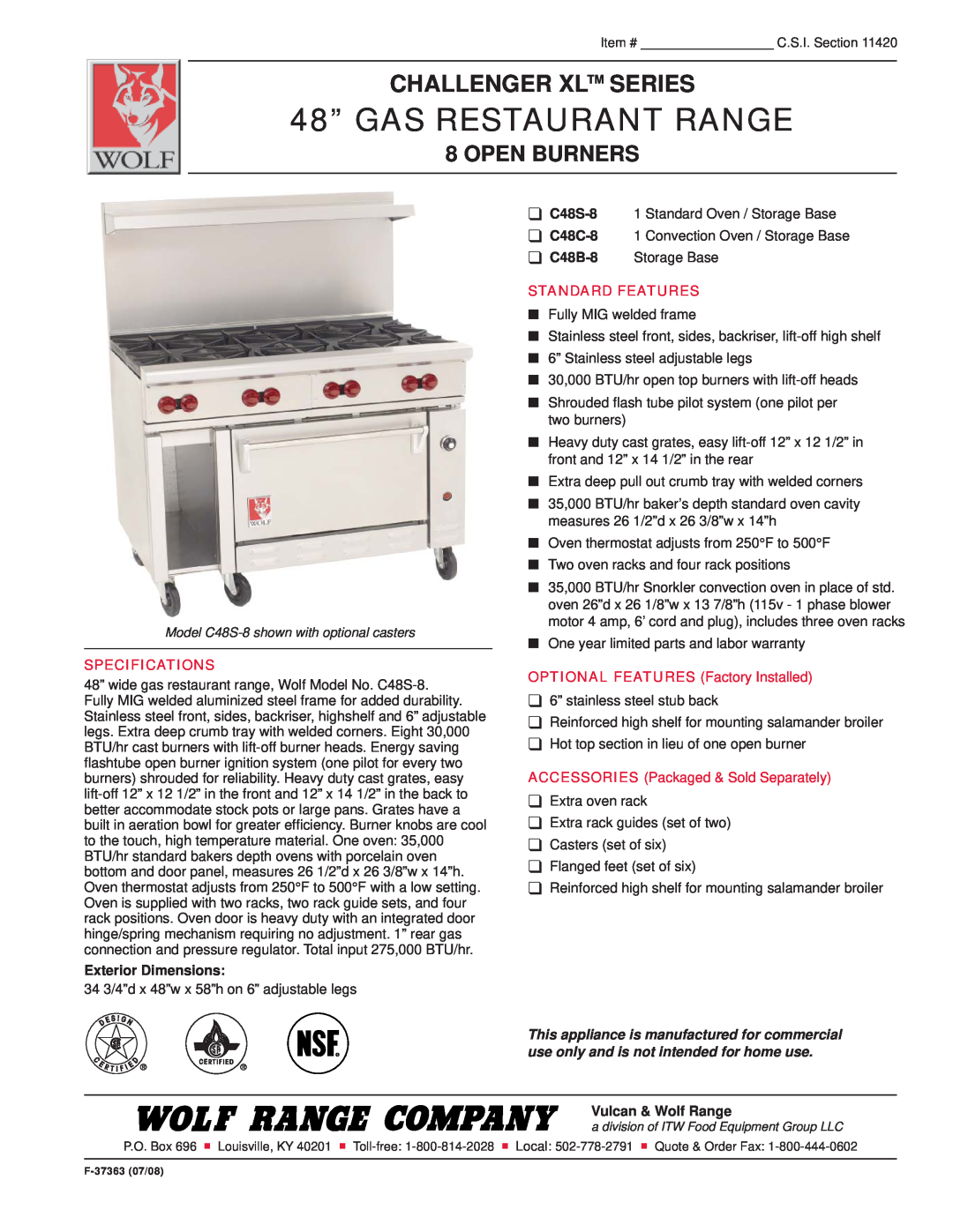 Wolf F-37363 specifications 48” GAS RESTAURANT RANGE, Challenger Xl Series, Open Burners, Specifications 