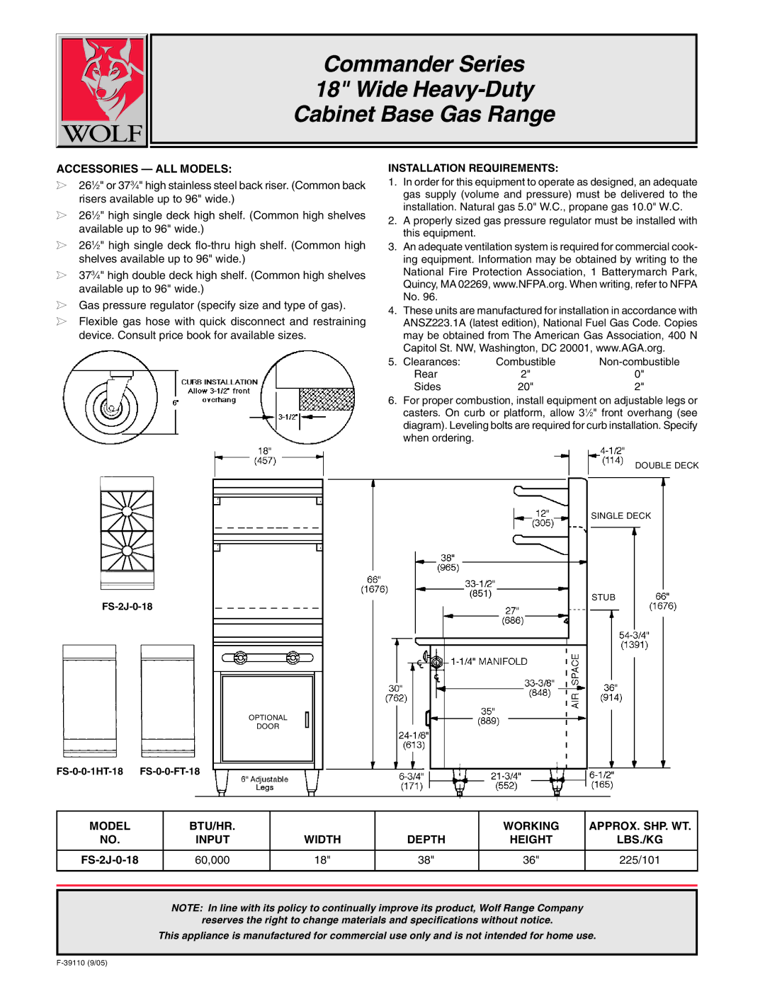 Wolf F-39110 warranty Commander Series Wide Heavy-Duty Cabinet Base Gas Range, Accessories ALL Models 