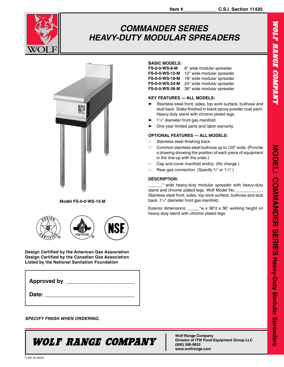 Wolf FS-0-0-WS-24-M warranty Commander Series Heavy-Dutymodular Spreaders, Approved by, Date, Item # C.S.I. Section 
