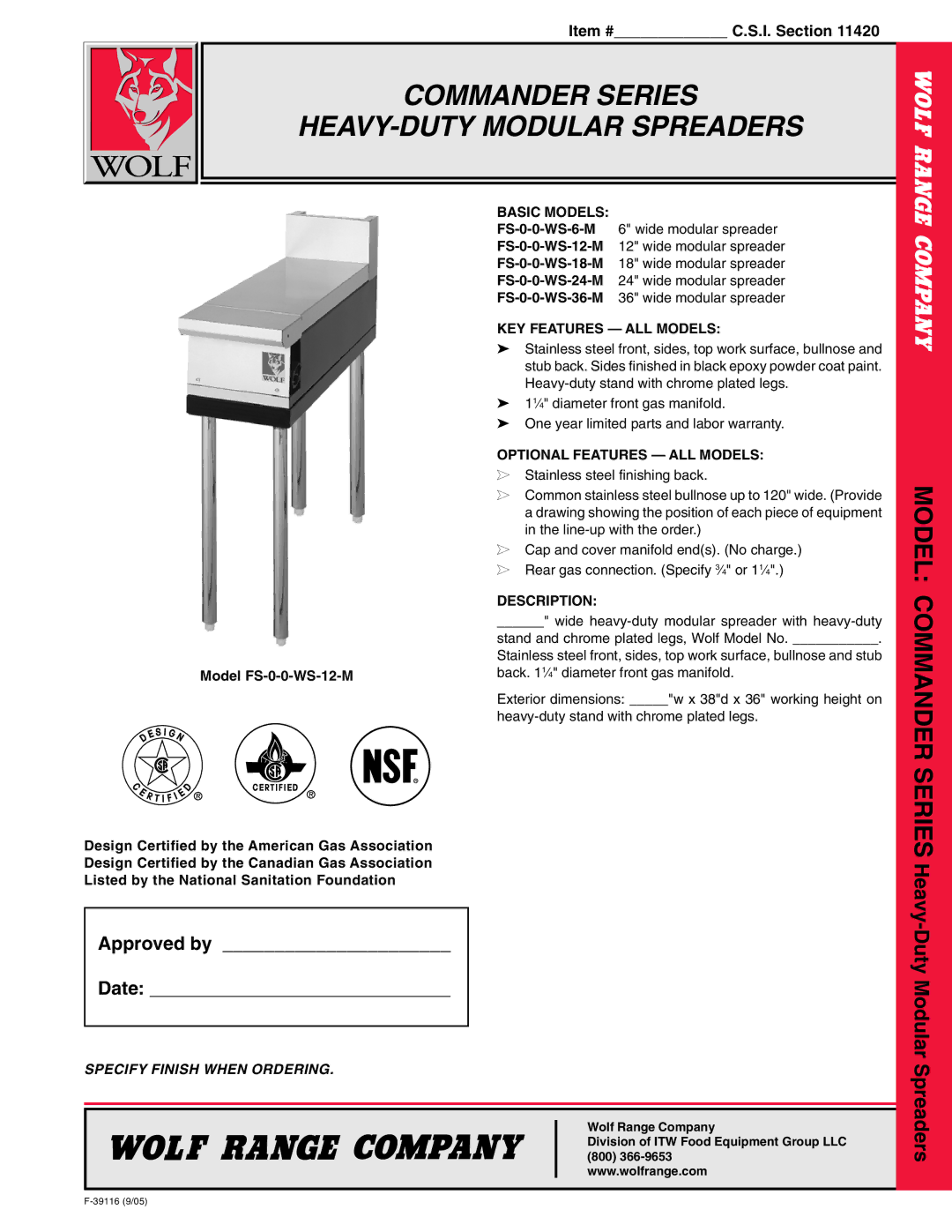 Wolf FS-0-0-WS-24-M, FS-0-0-WS-6-M warranty Basic Models, KEY Features ALL Models, Description, Model FS-0-0-WS-12-M 