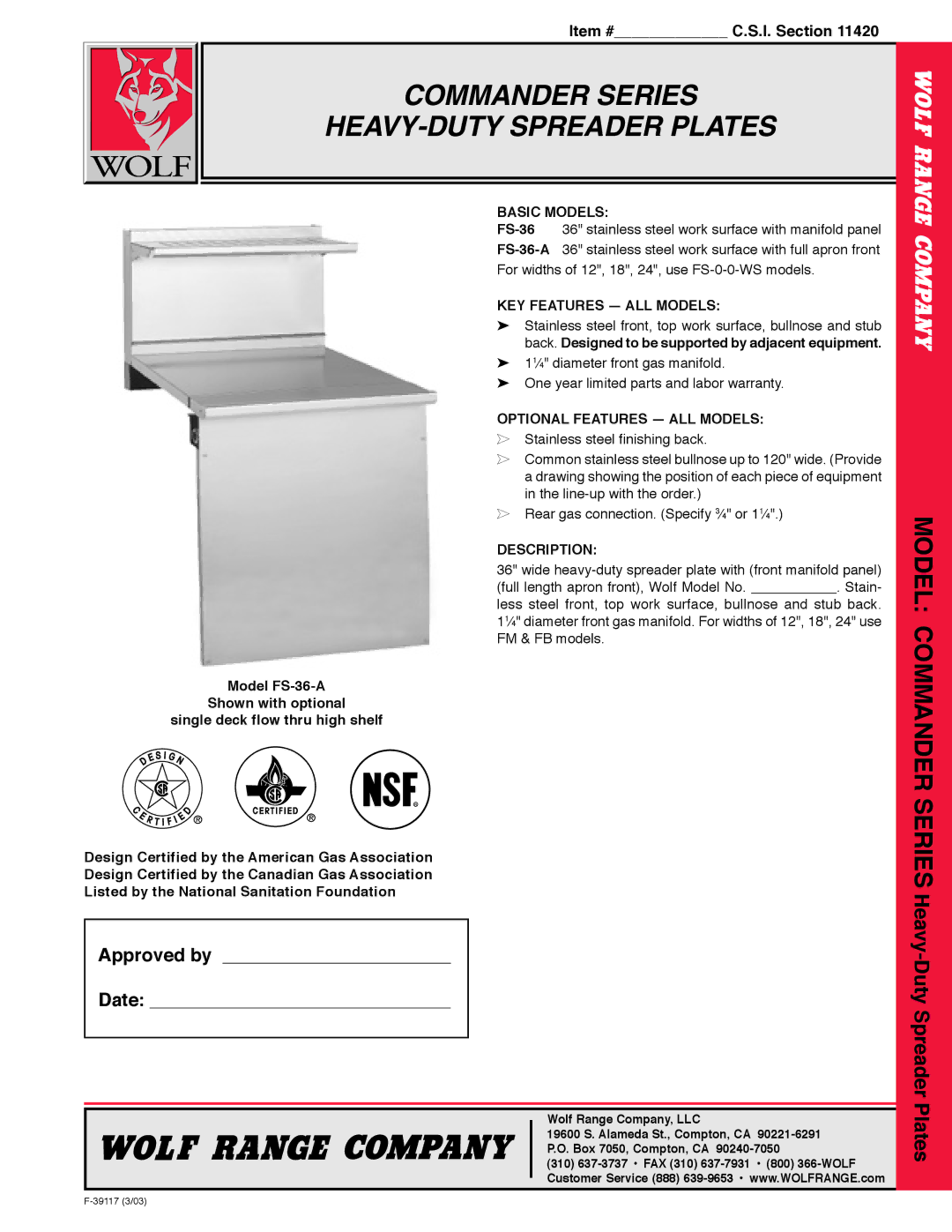 Wolf FS-36-A warranty Basic Models, KEY Features ALL Models, Optional Features ALL Models, Description 