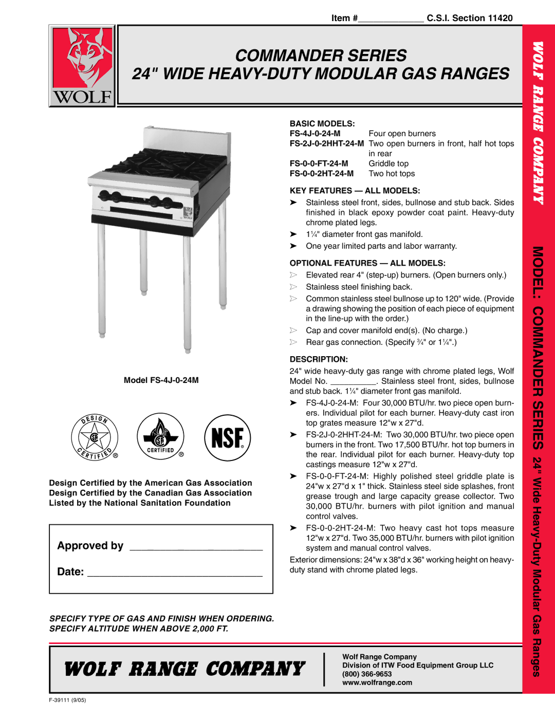 Wolf FS-4J-0-24M warranty Model Commander, Series, Approved by Date, Wide Heavy-Duty Modular, Gas Ranges 