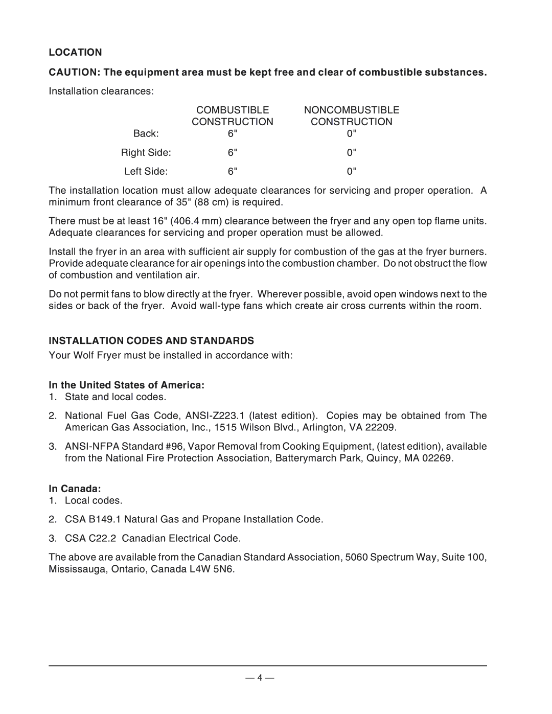 Wolf FWTF-42 operation manual Location, Installation Codes and Standards, United States of America, Canada 