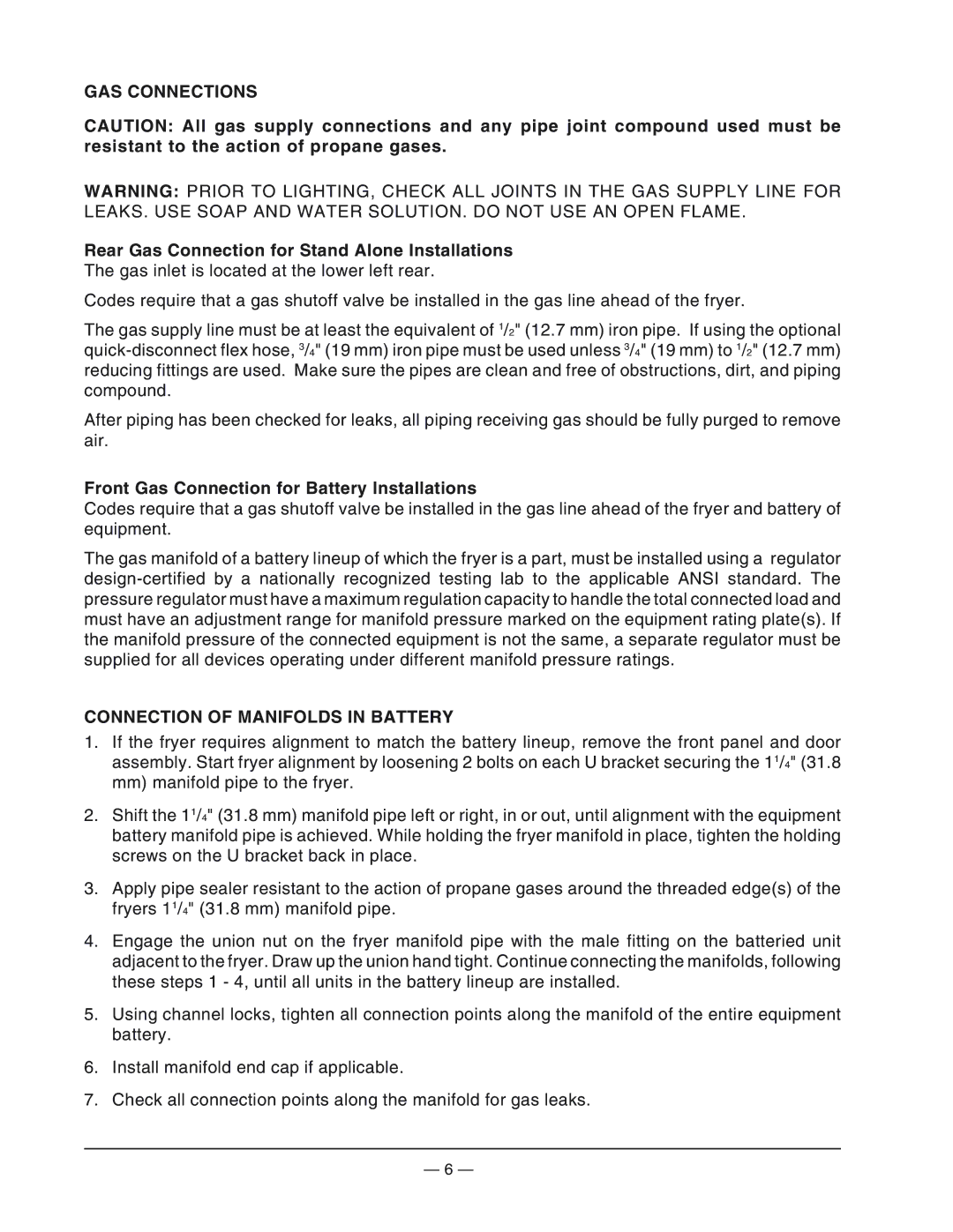 Wolf FWTF-42 GAS Connections, Rear Gas Connection for Stand Alone Installations, Connection of Manifolds in Battery 