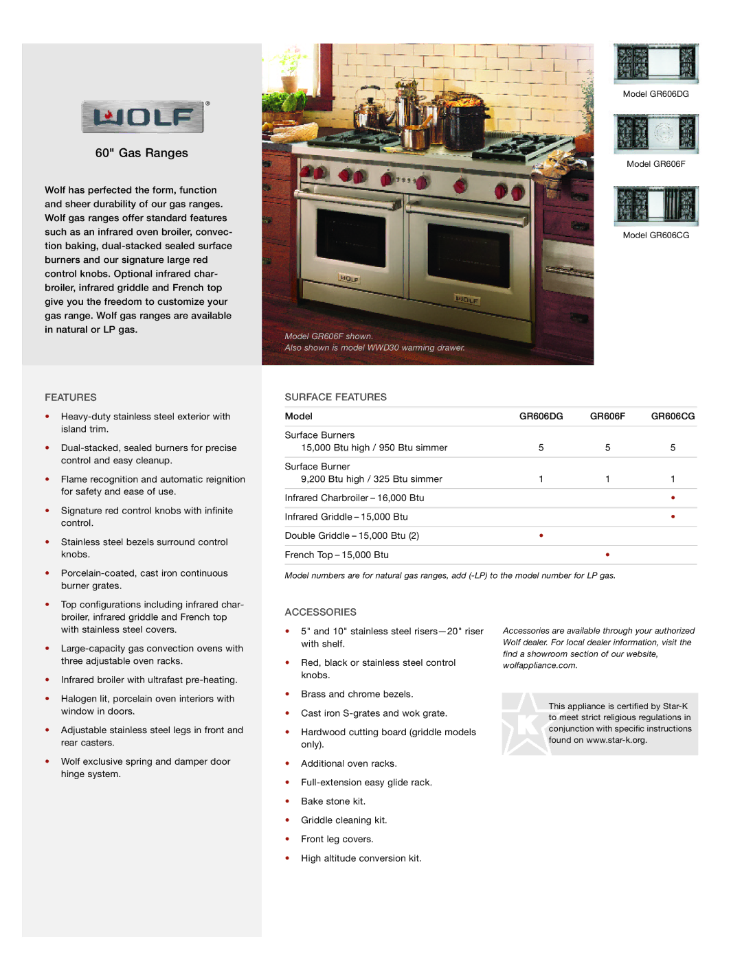 Wolf GR606CG, GR606DG, GR606F manual Gas Ranges, Surface Features, Accessories 