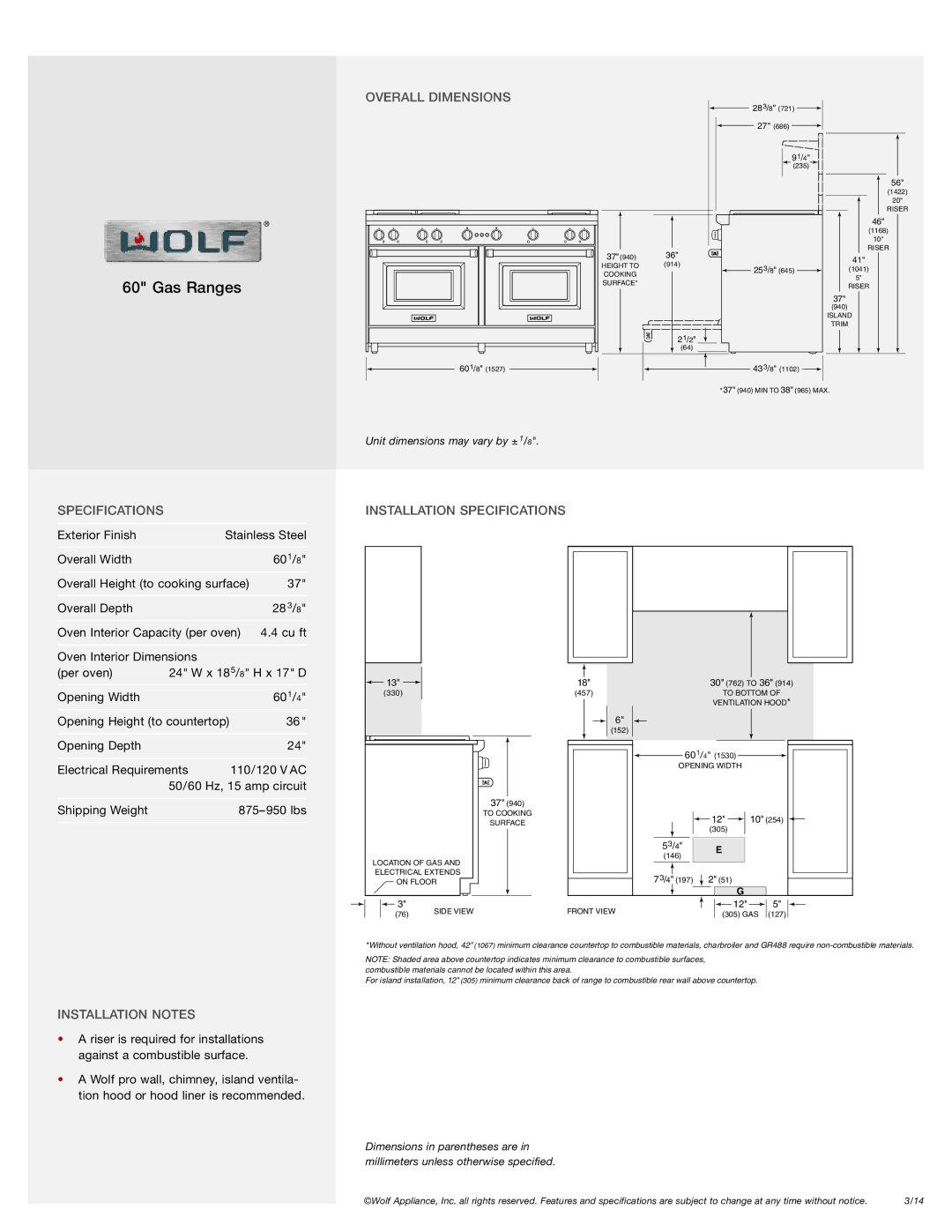 Wolf GR606F, GR606DG, GR606CG manual Overall Dimensions, Specifications Installation Specifications, Installation Notes 