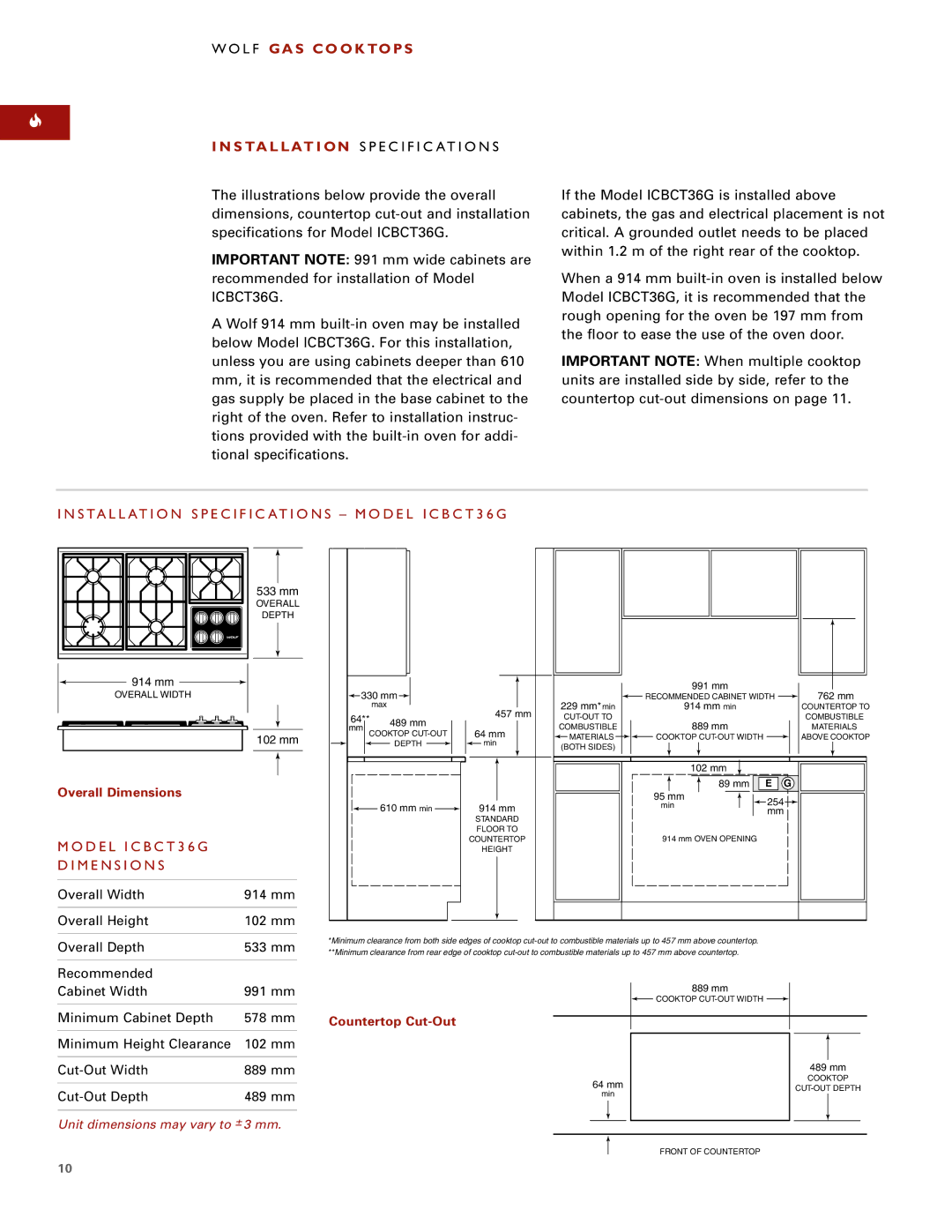 Wolf ICBCT15G Wolf GA S CO O K to P S S TA L LAT I on Specifications, Installation Specifications Model ICBCT36G 