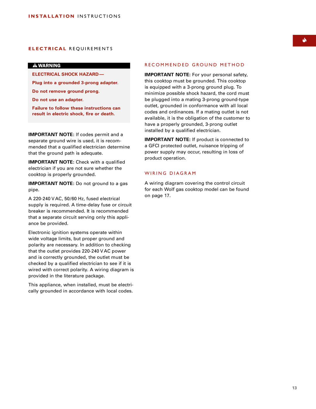 Wolf ICBCT15G E C T R I C a L R E Q U I R E M E N T S, Recommended Ground Method, Wiring Diagram, Electrical Shock Hazard 