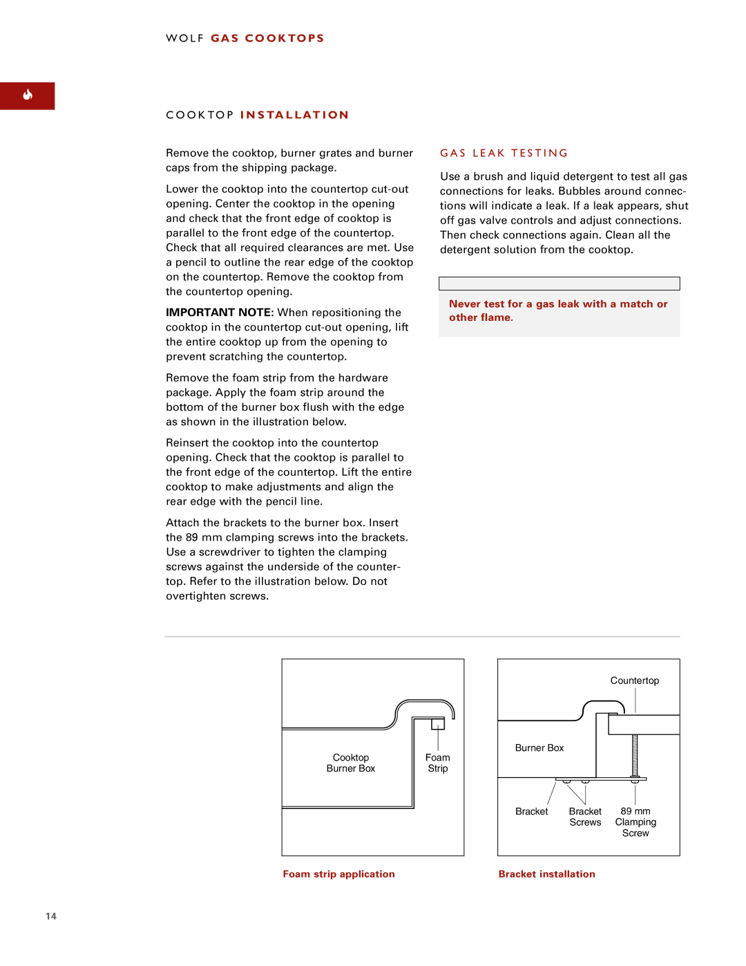 Wolf ICBCT15G installation instructions Wolf GA S CO O K to P S Cooktop I N S TA L L AT I O N, GAS Leak Testing 