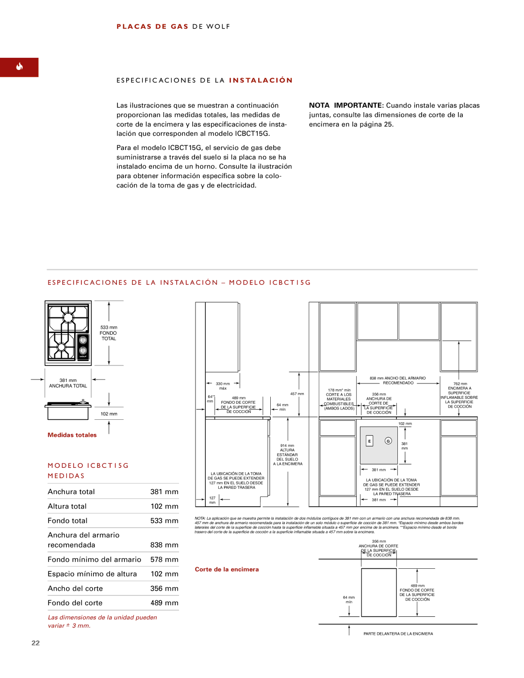 Wolf LA C a S D E GA S DE Wolf, Especificaciones DE LA I N S TA L a C I Ó N, Modelo ICBCT15G Medidas 