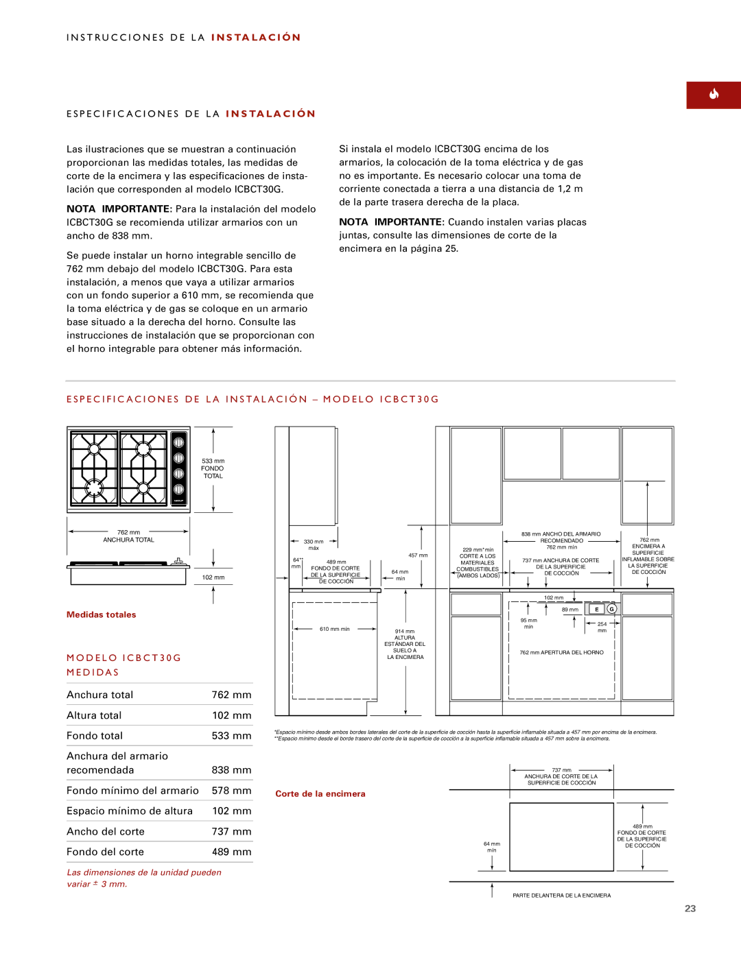 Wolf ICBCT15G installation instructions Especificaciones DE LA Instalación Modelo ICBCT30G, Modelo ICBCT30G Medidas 