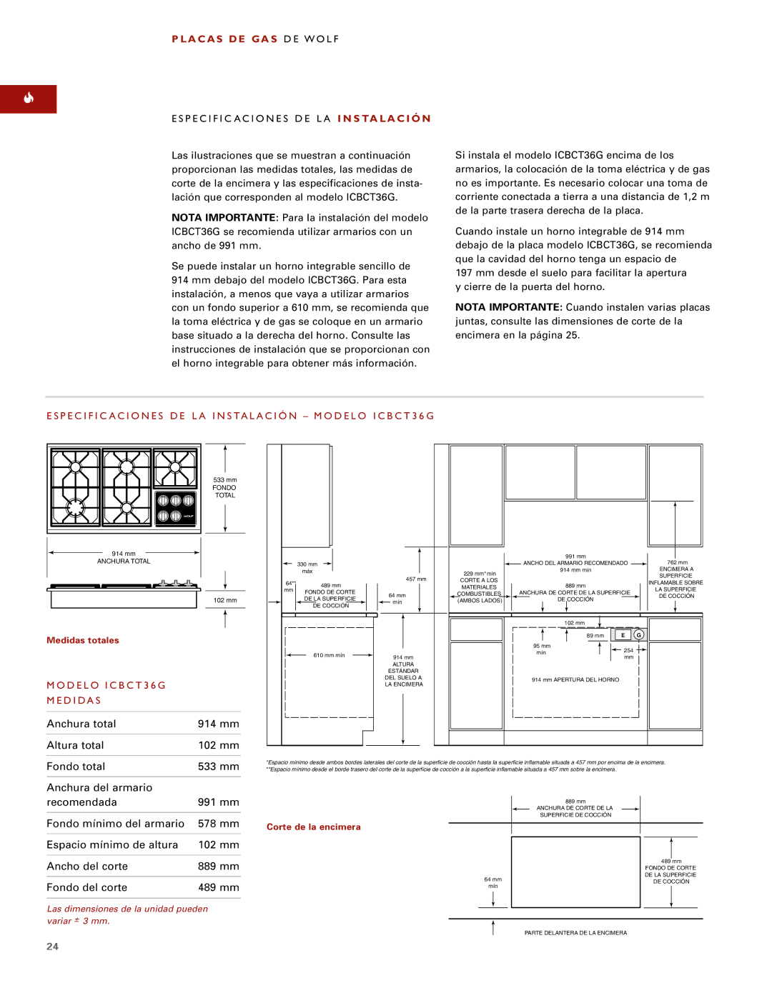 Wolf ICBCT15G Especificaciones DE LA I N S TA LA C I Ó N, Especificaciones DE LA Instalación Modelo ICBCT36G 