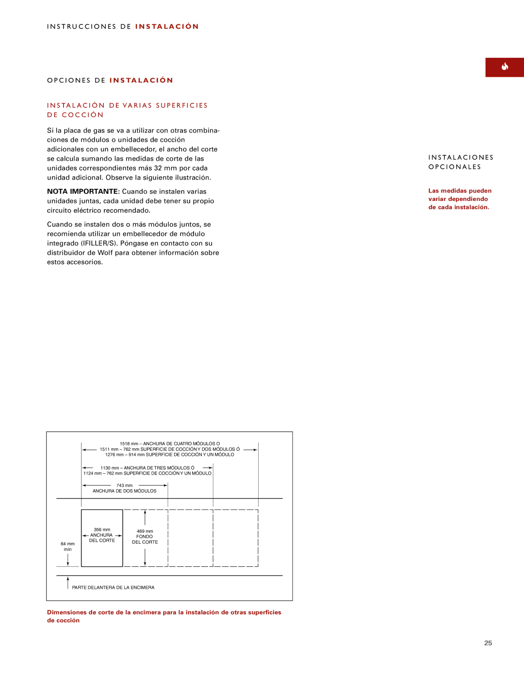 Wolf ICBCT15G installation instructions Instalación DE Varias Superficies DE Cocción, Instalaciones Opcionales 