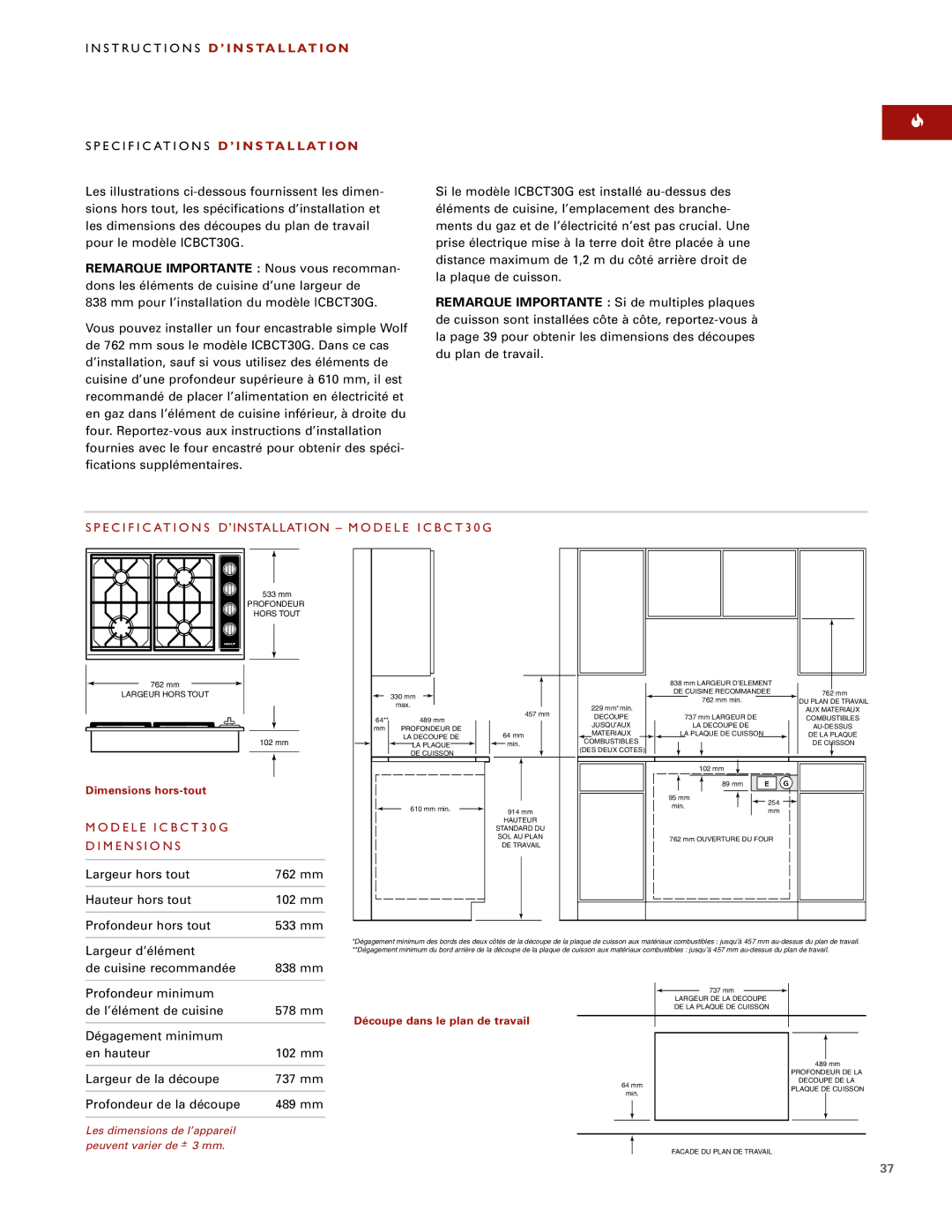 Wolf ICBCT15G installation instructions Specifications D’INSTALLATION Modele ICBCT30G, Modele ICBCT30G Dimensions 