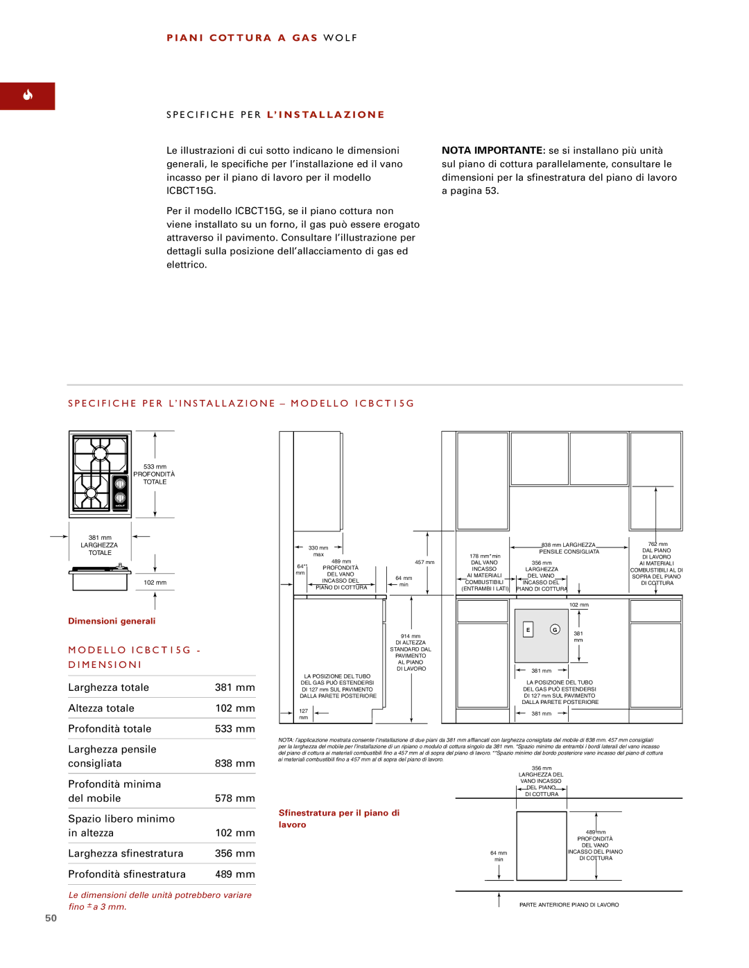 Wolf installation instructions Pagina, Specifiche PER L’INSTALLAZIONE Modello ICBCT15G, Modello ICBCT15G Dimensioni 