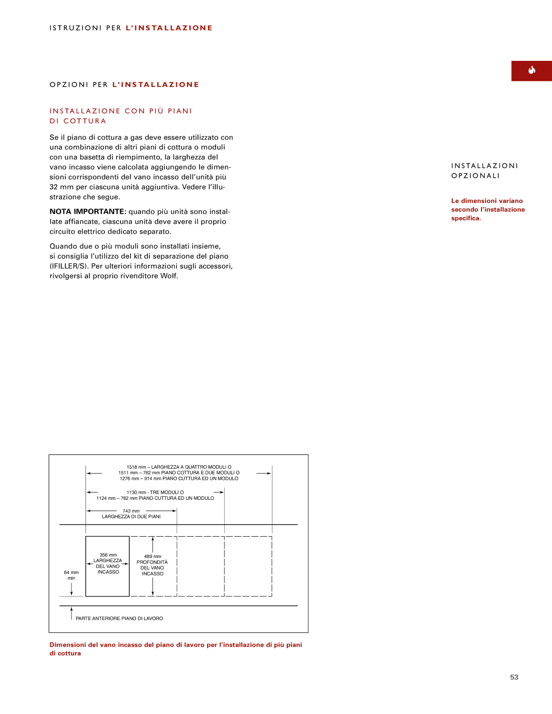 Wolf ICBCT15G installation instructions Installazione CON PIÙ Piani DI Cottura, Installazioni Opzionali 