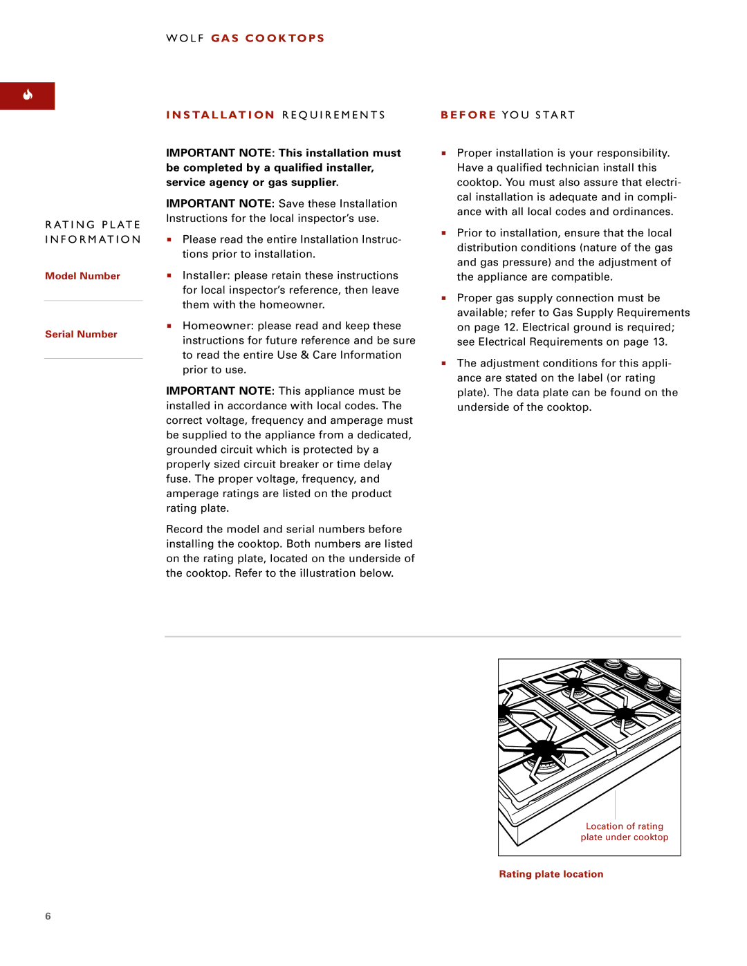 Wolf ICBCT15G installation instructions Rating Plate Information 