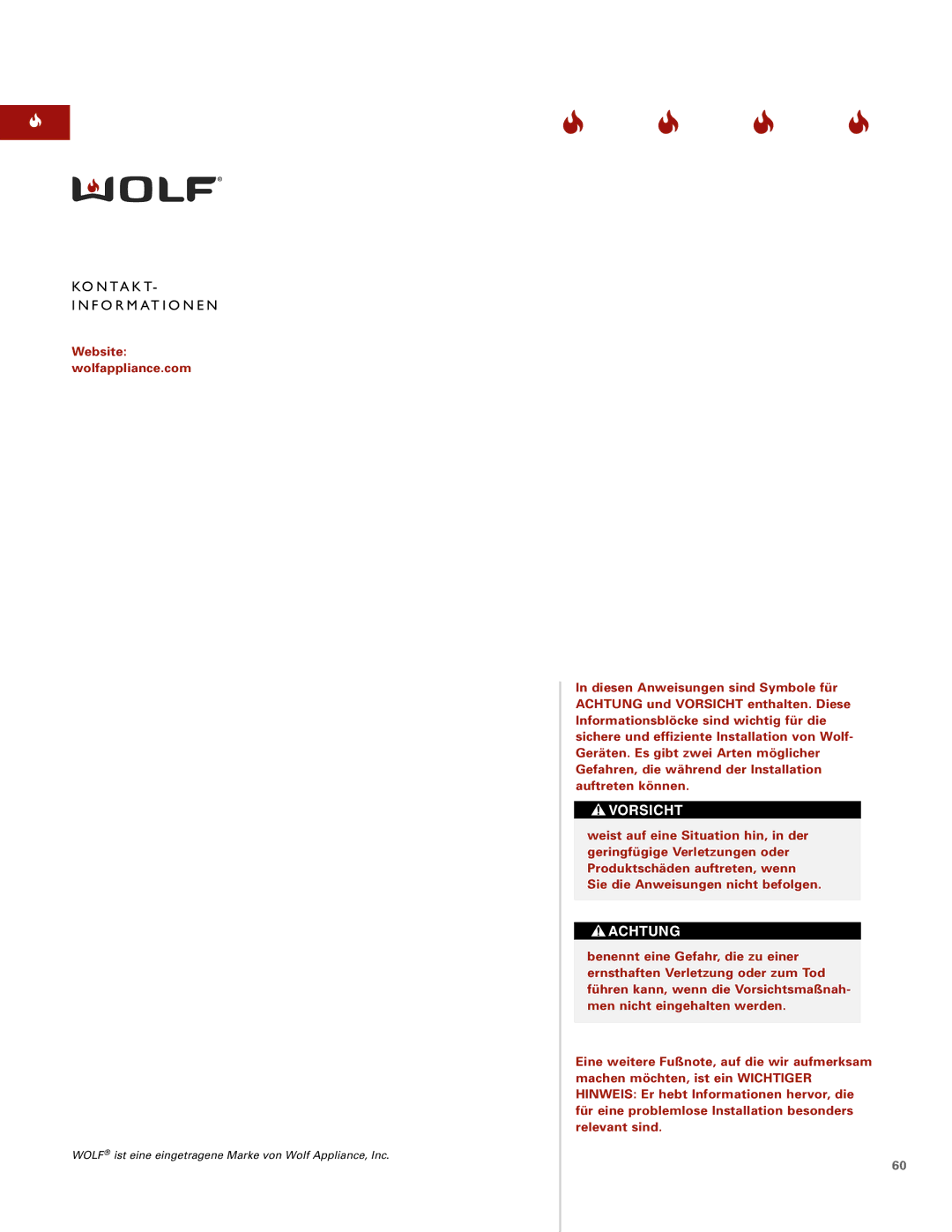 Wolf ICBCT15G installation instructions Ko N Ta K T F O R M At I O N E N, Vorsicht 