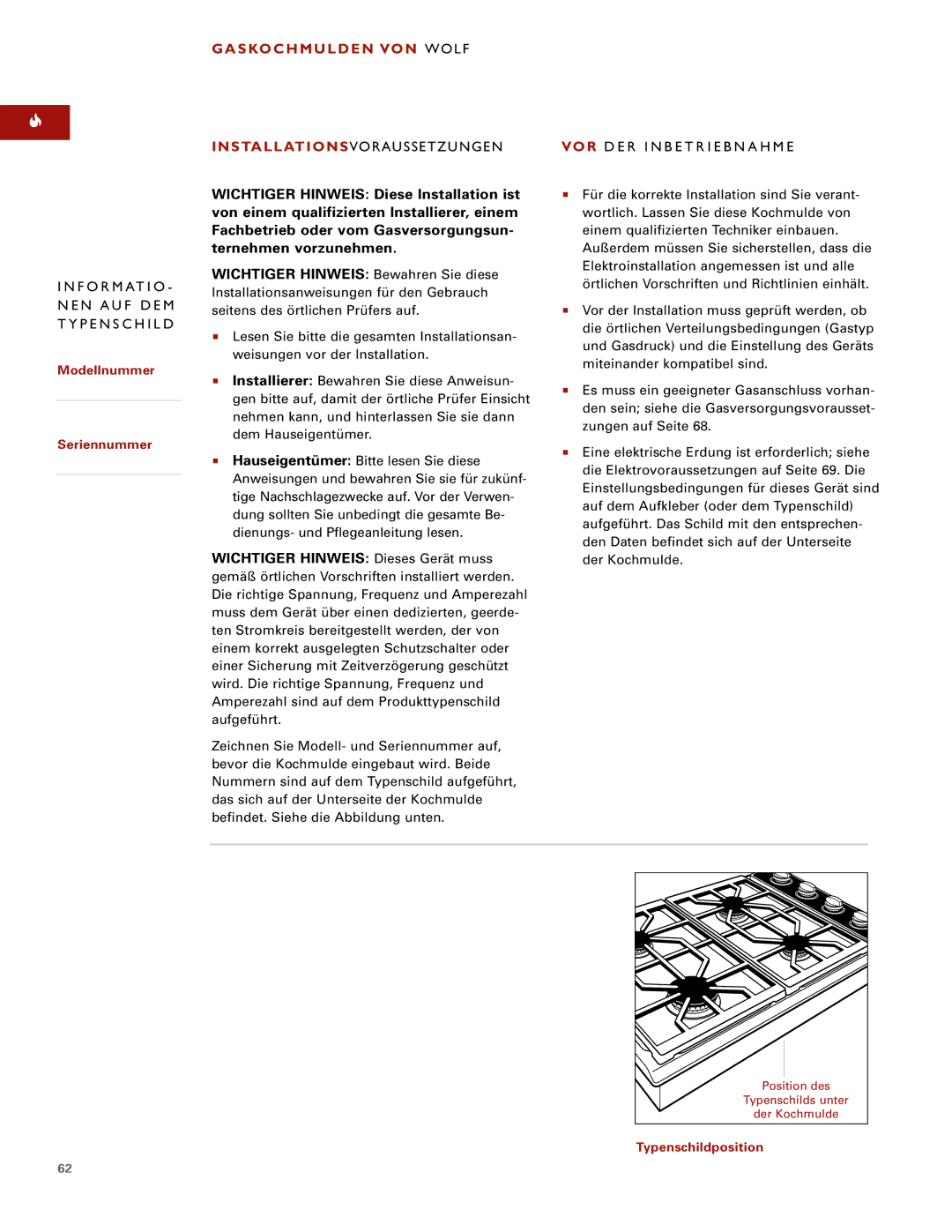 Wolf ICBCT15G F O R M AT I O NEN AUF DEM Typenschild, Gaskochmulden VON Wolf Stallatio Nsvoraussetzungen 